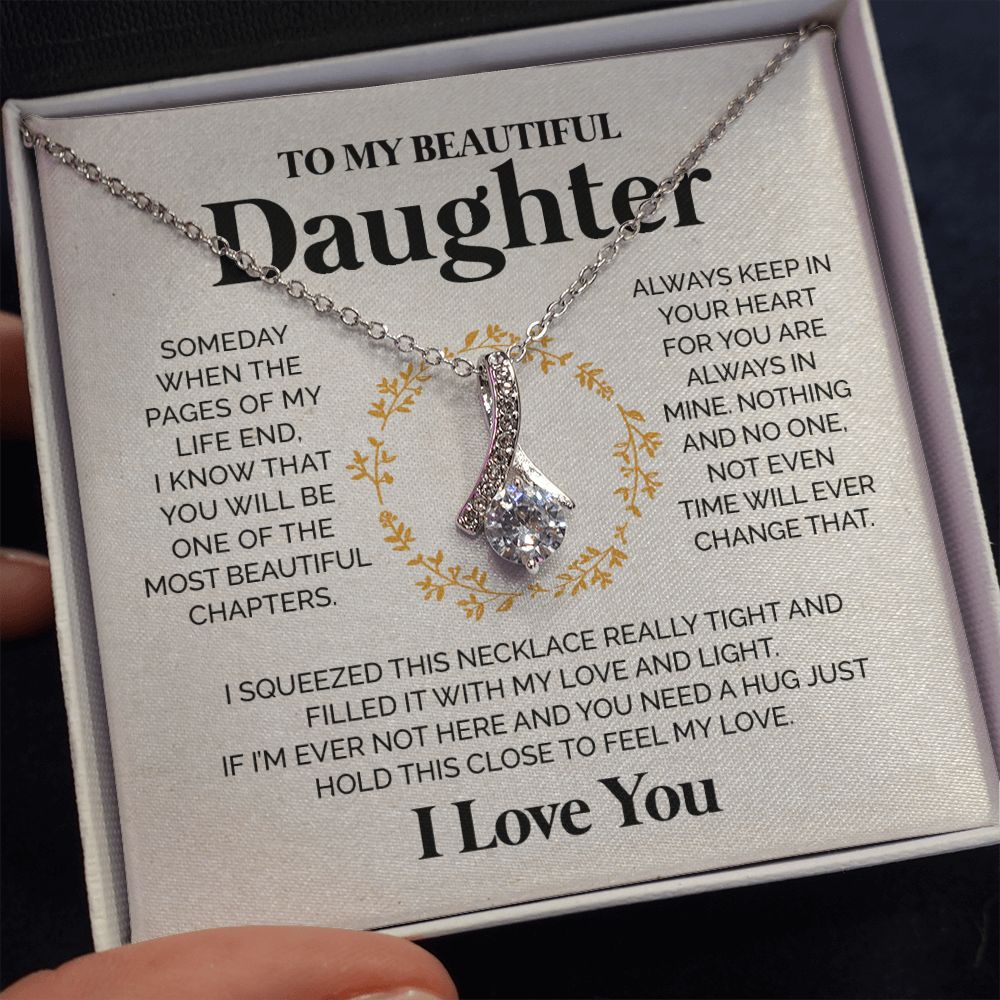 ShineOn Fulfillment Jewelry 14K White Gold Finish / Two-Toned Box To my Beautiful Daughter - Feel my love - Ribbon Necklace