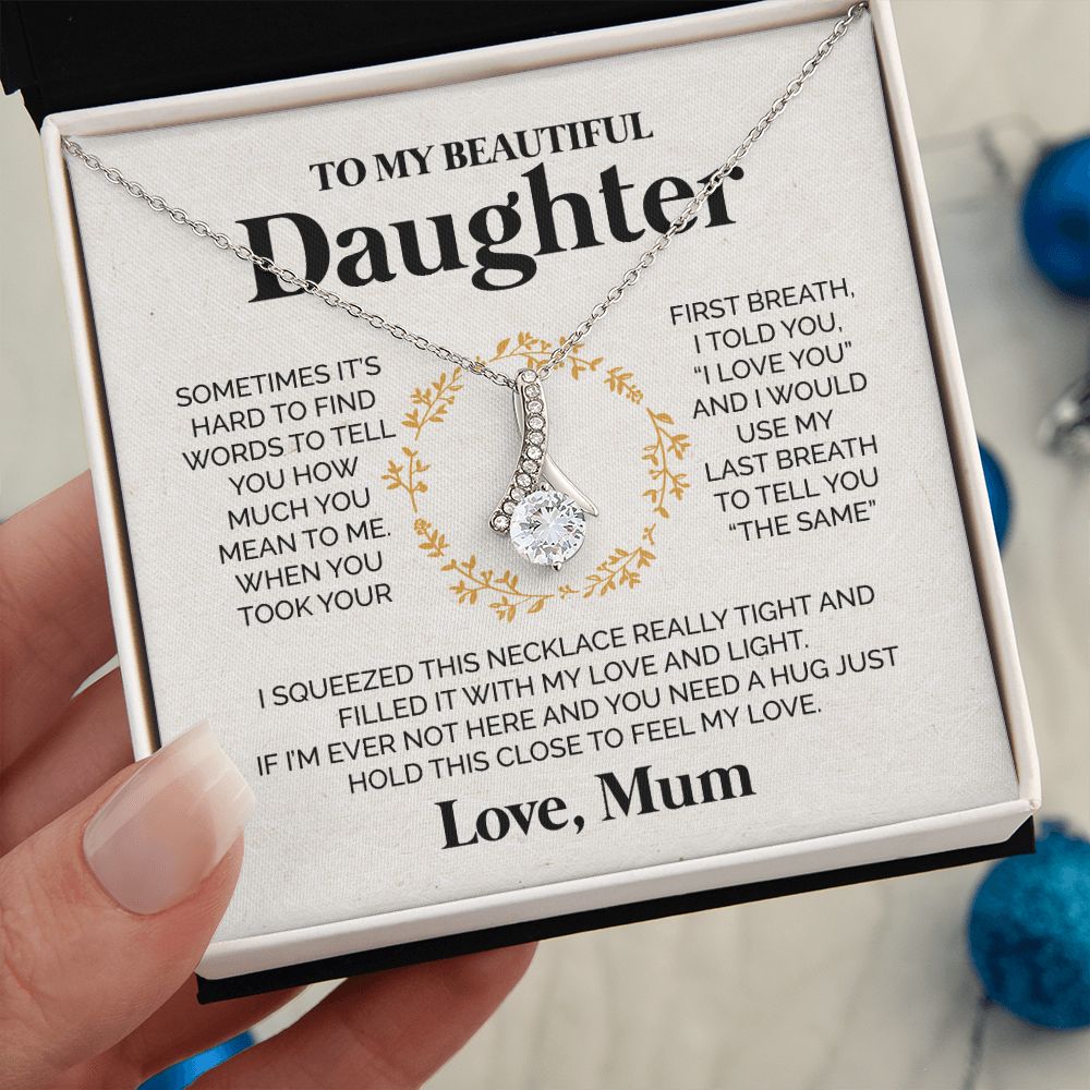 ShineOn Fulfillment Jewelry 14K White Gold Finish / Two-Toned Box To my Beautiful Daughter from Mum - I love you  - Ribbon Necklace