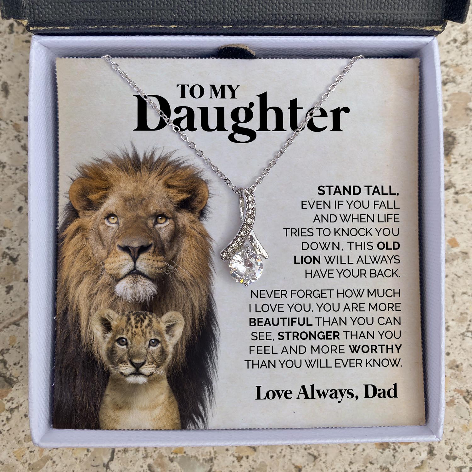 ShineOn Fulfillment Jewelry 14K White Gold Finish / Two-Toned Box To my Daughter from Dad - Stand tall - Ribbon Necklace