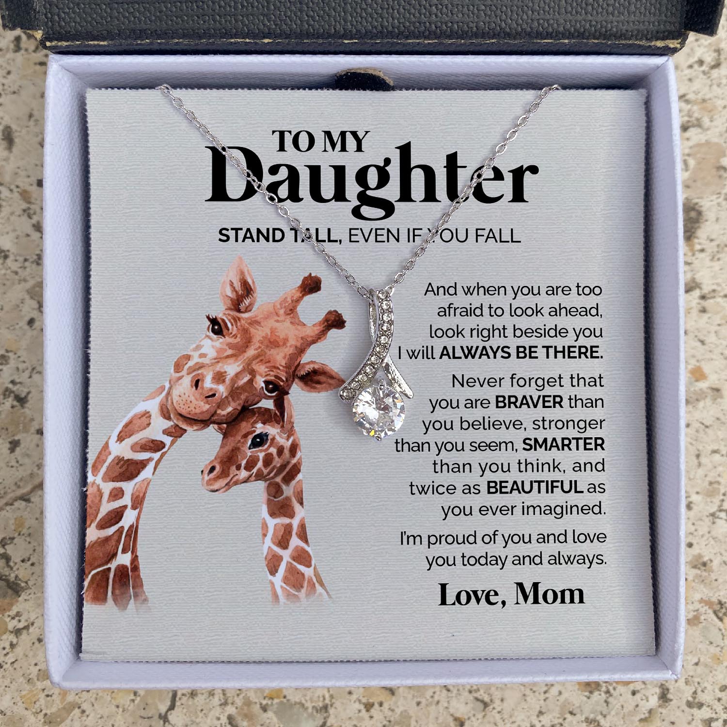 ShineOn Fulfillment Jewelry 14K White Gold Finish / Two-Toned Box To my Daughter from Mom - Stand tall - Ribbon Necklace