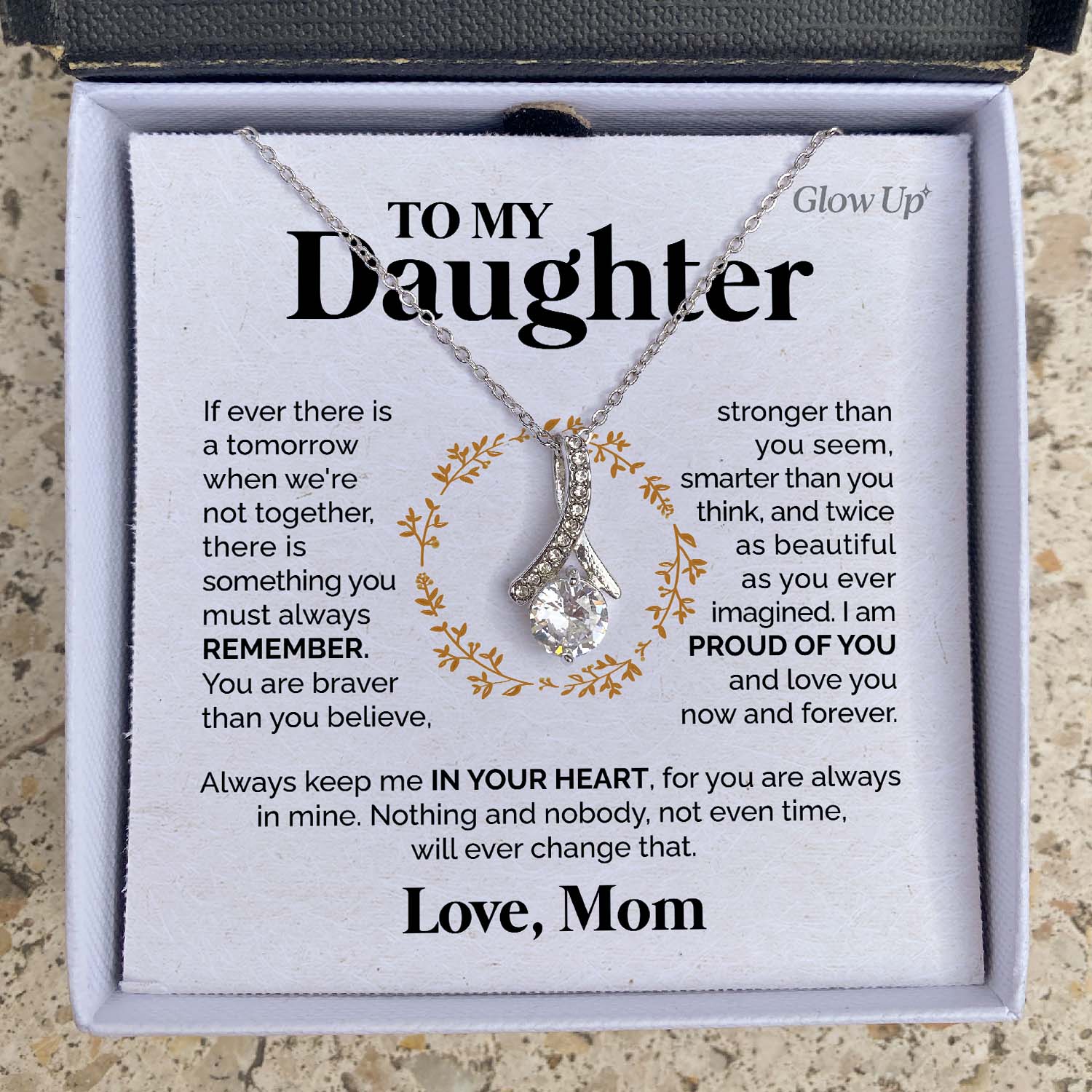 ShineOn Fulfillment Jewelry 14K White Gold Finish / Two-Toned Box To my Daughter - I am proud of you - Ribbon Necklace