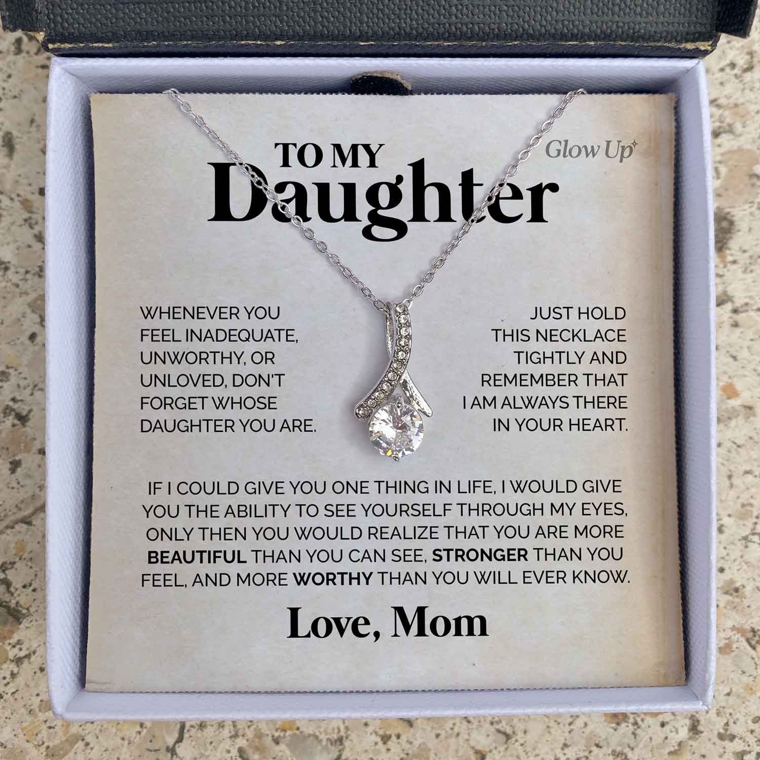 ShineOn Fulfillment Jewelry 14K White Gold Finish / Two-Toned Box To My Daughter - You are in my heart - Ribbon Necklace