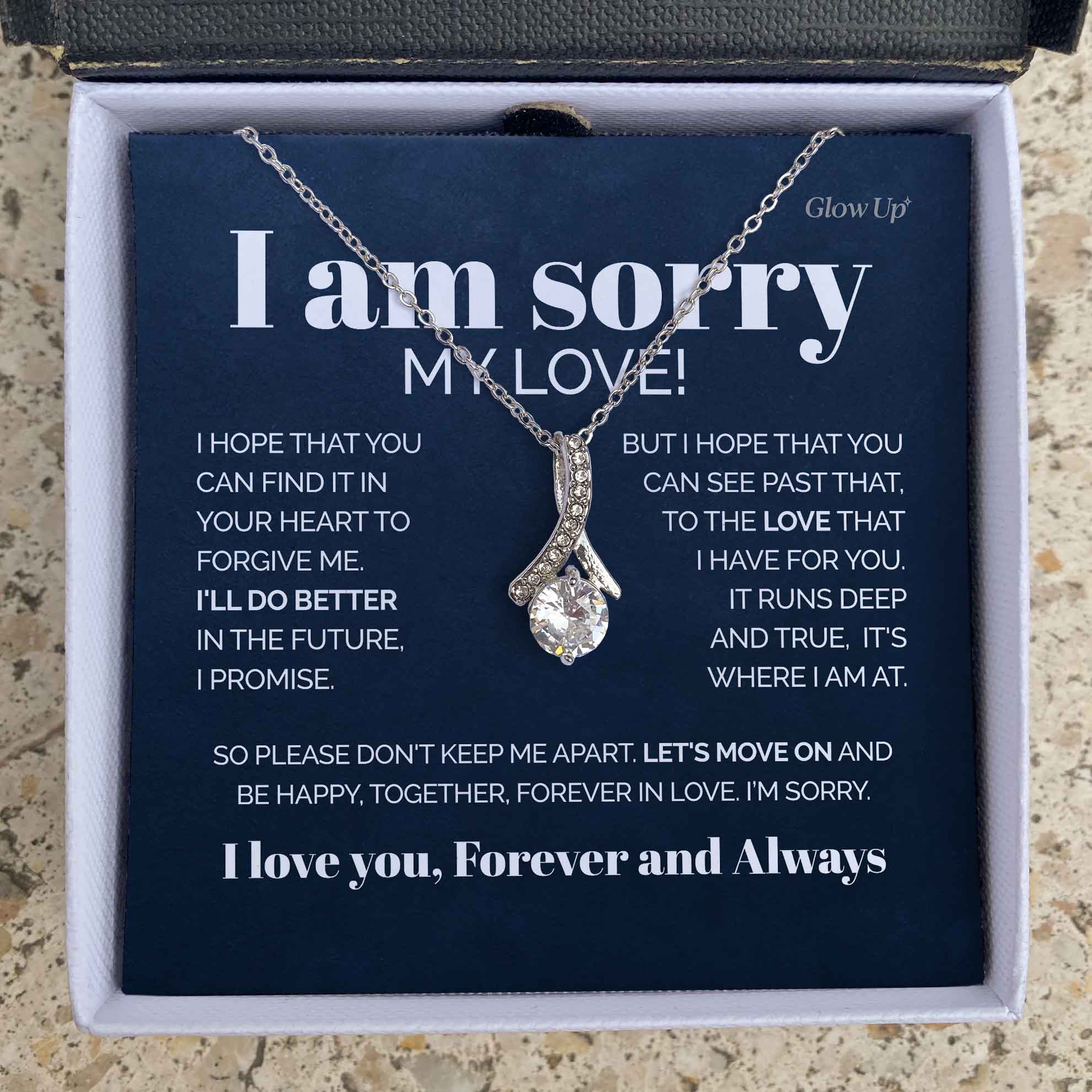 ShineOn Fulfillment Jewelry 14K White Gold Finish / Two-Toned Box To My Soulmate - I'm sorry forgive me - Ribbon necklace