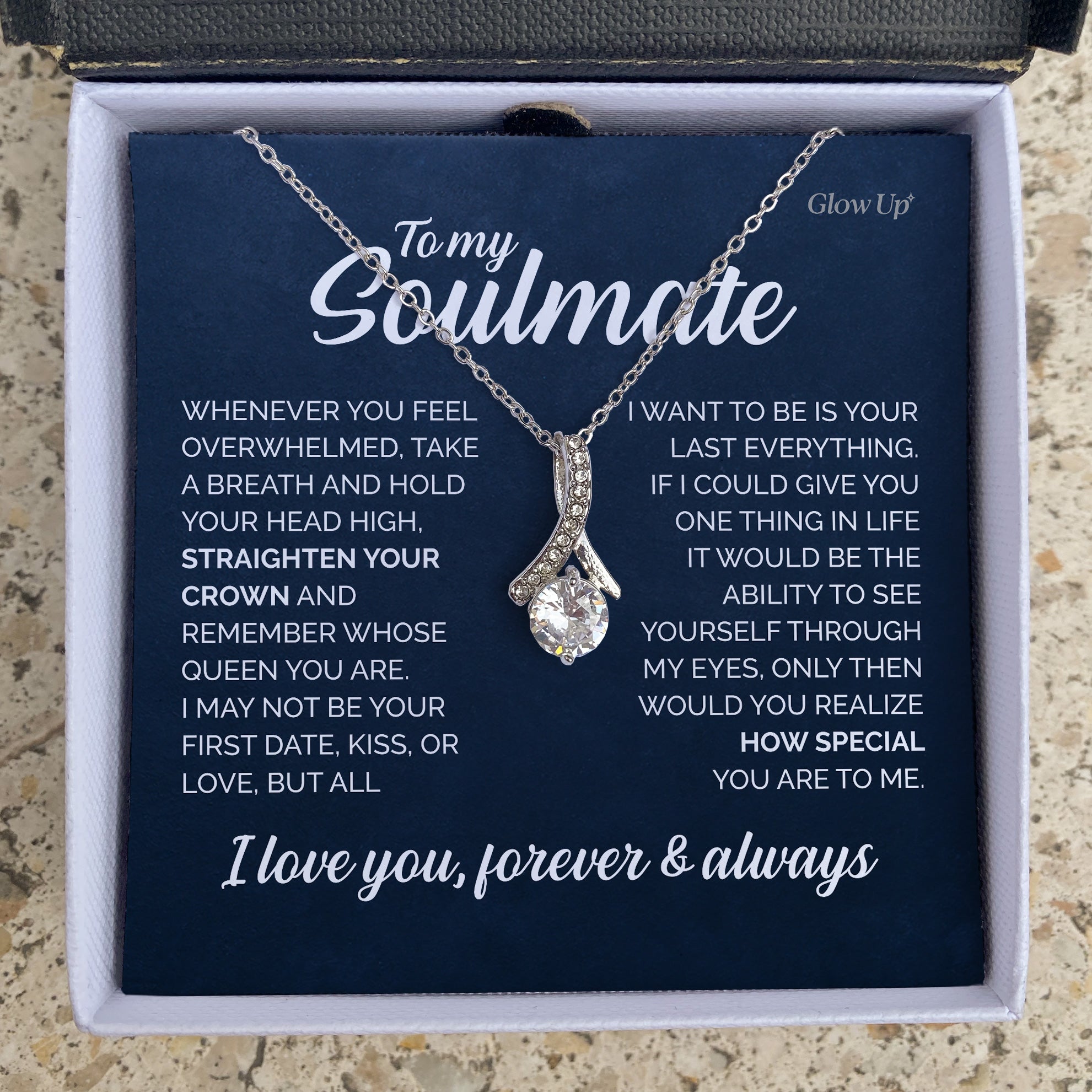 ShineOn Fulfillment Jewelry 14K White Gold Finish / Two-Toned Box To my Soulmate - You are my Queen - Ribbon Necklace