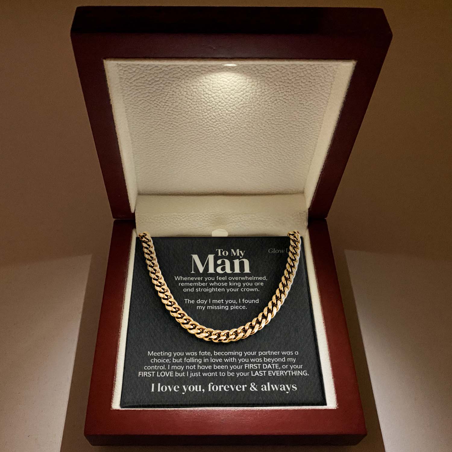 ShineOn Fulfillment Jewelry 14K Yellow Gold Finish / Luxury Box To my Man - Remember whose king you are - Cuban Link Chain