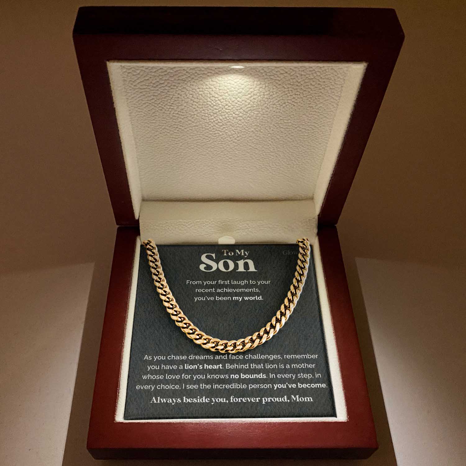 ShineOn Fulfillment Jewelry 14K Yellow Gold Finish / Luxury Box To my Son from Mom - Lion's heart - 5mm Cuban Link Chain