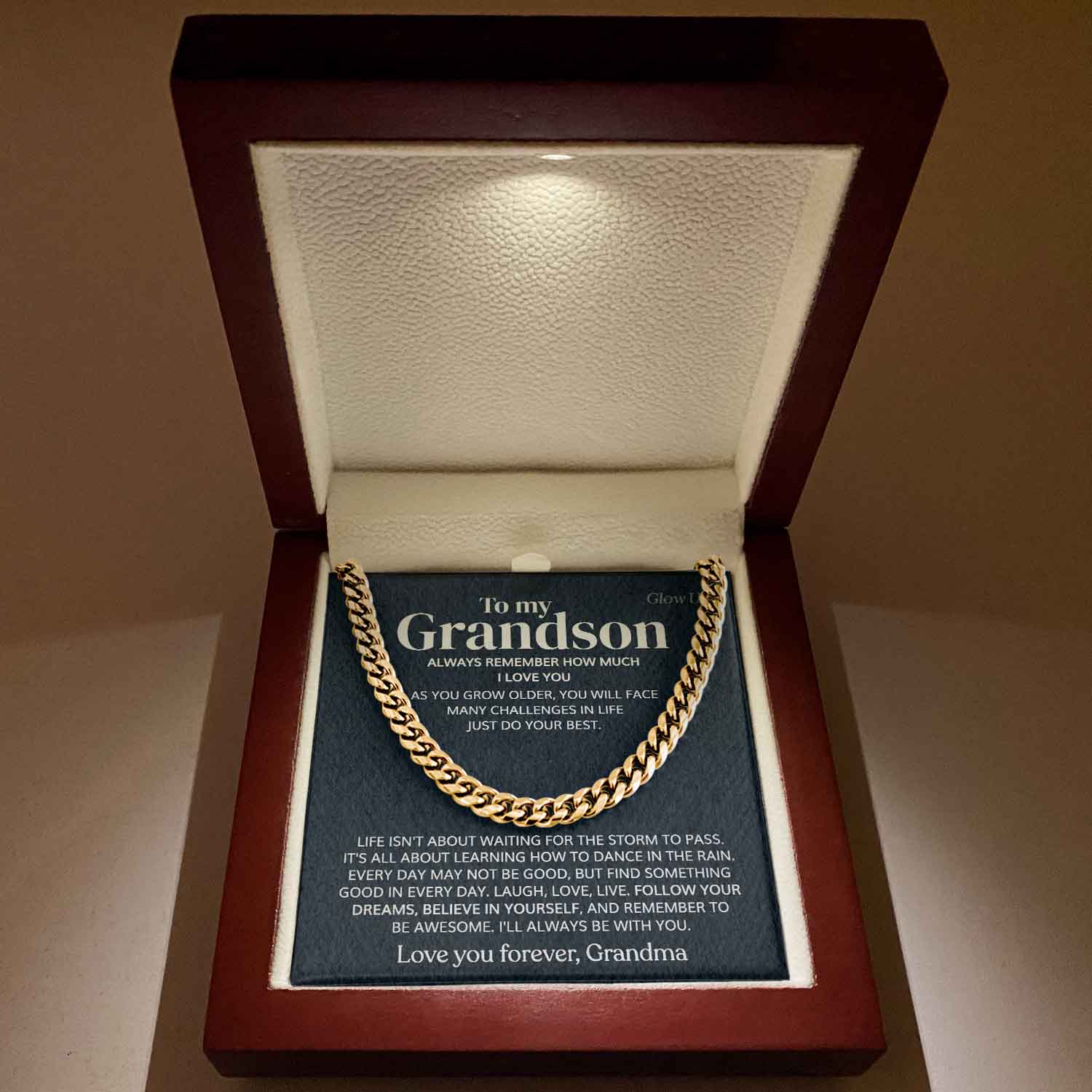 ShineOn Fulfillment Jewelry 14K Yellow Gold Finish / Luxury LED Box To my Grandson - Always remember - Cuban Link Chain