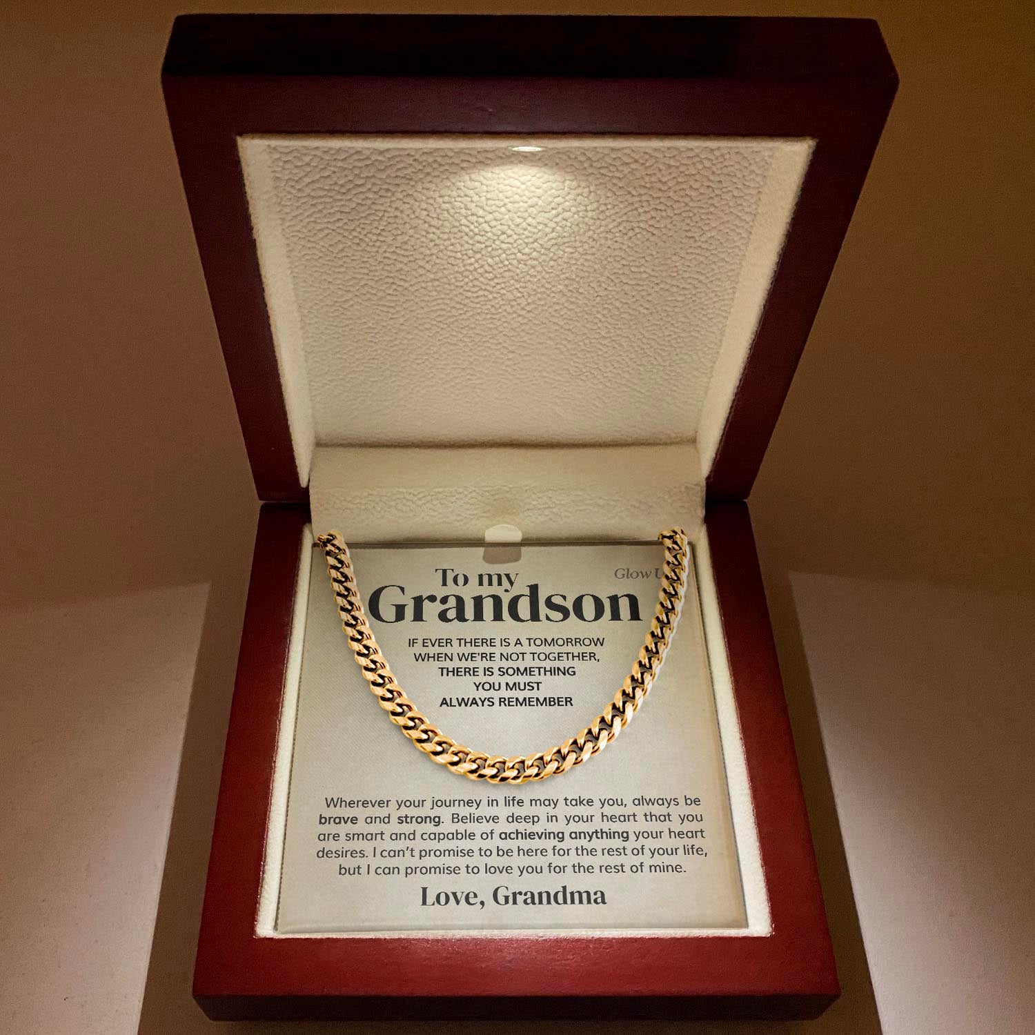 ShineOn Fulfillment Jewelry 14K Yellow Gold Finish / Luxury LED Box To my Grandson - Always Remember - Cuban Link Chain