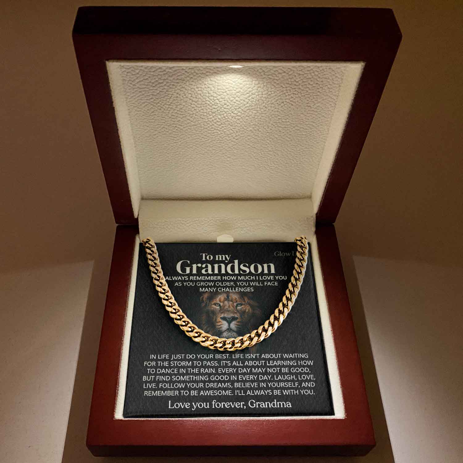 ShineOn Fulfillment Jewelry 14K Yellow Gold Finish / Luxury LED Box To my Grandson - In life just do your best - Cuban LInk Chain