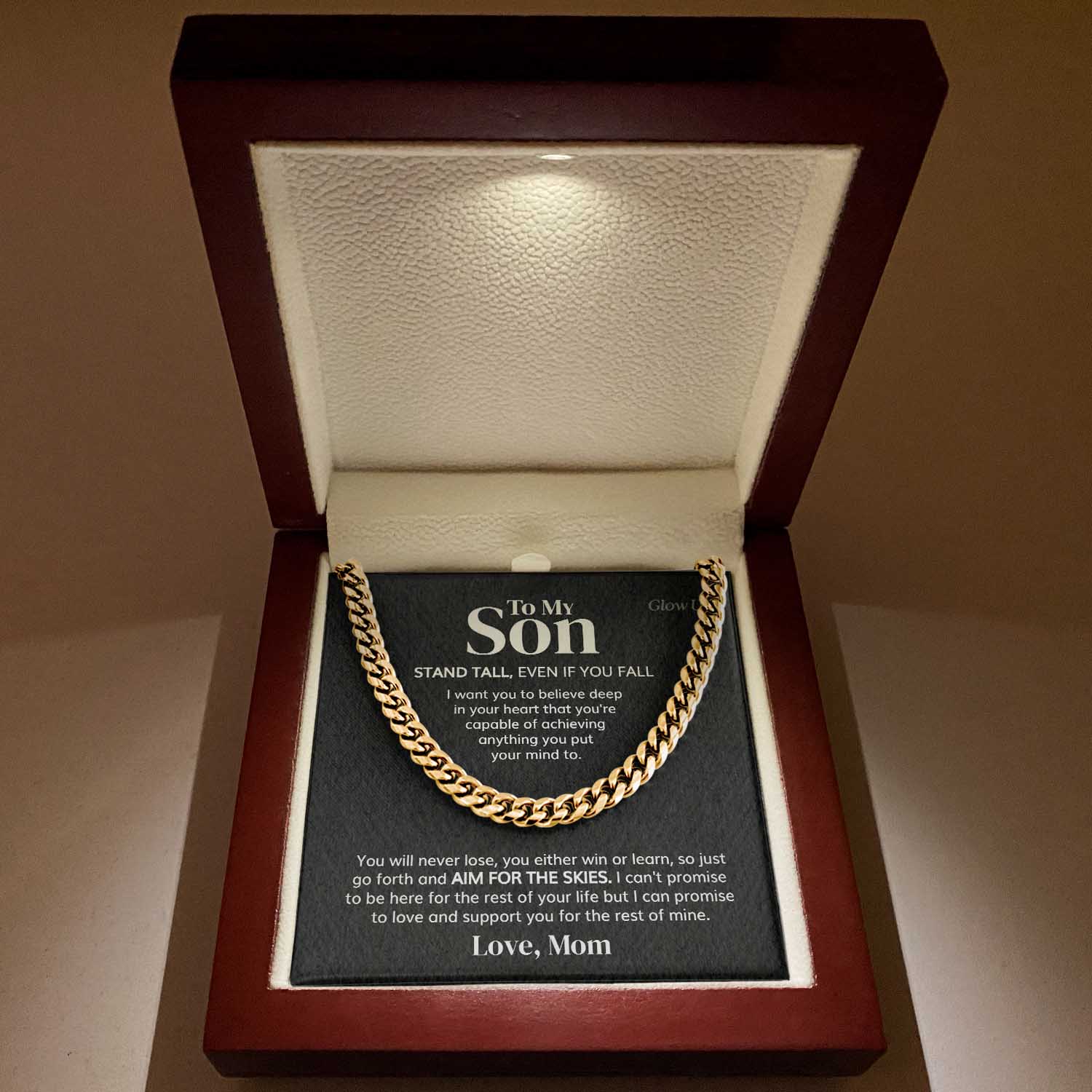ShineOn Fulfillment Jewelry 14K Yellow Gold Finish / Luxury LED Box To my Son - Aim for the skies - Cuban Link Chain Necklace