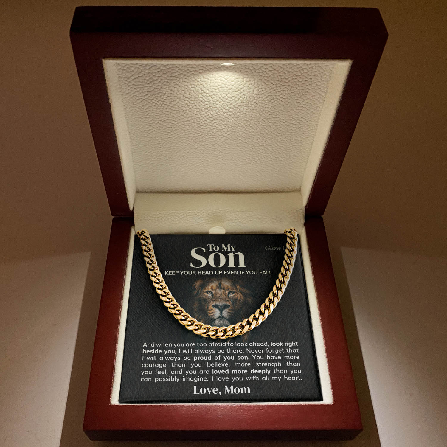 ShineOn Fulfillment Jewelry 14K Yellow Gold Finish / Luxury LED Box To my Son - Keep your head up - Cuban Link Chain