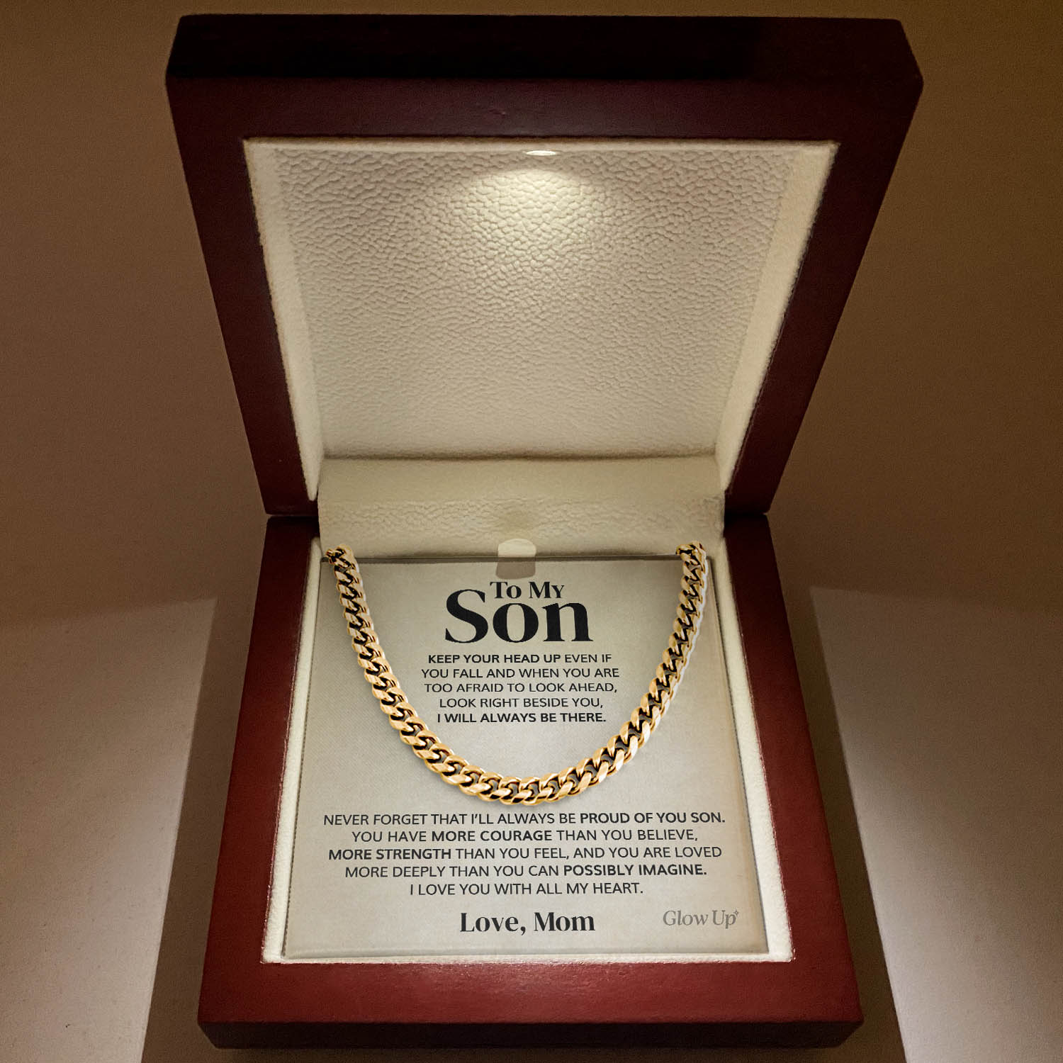 ShineOn Fulfillment Jewelry 14K Yellow Gold Finish / Luxury LED Box To my Son - Keep your head up - Cuban Link Chain Necklace