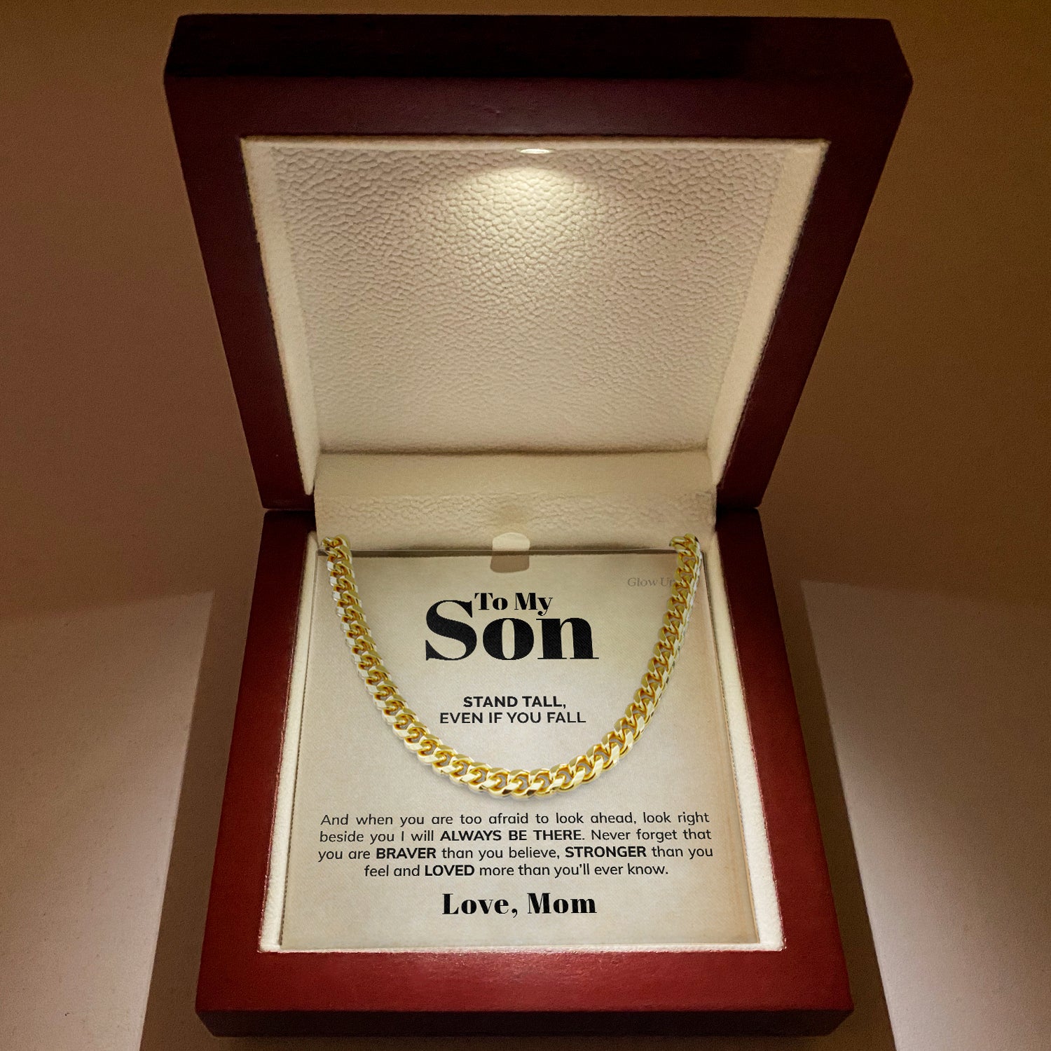 ShineOn Fulfillment Jewelry 14K Yellow Gold Finish / Luxury LED Box To My Son - Loved more than you will ever know - Cuban Link Chain