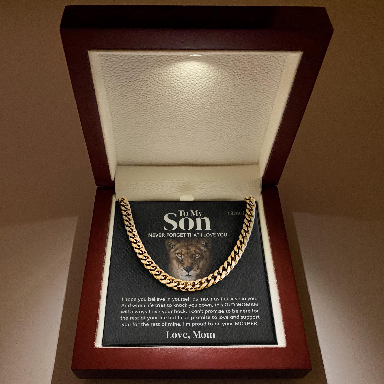 ShineOn Fulfillment Jewelry 14K Yellow Gold Finish / Luxury LED Box To my Son - Nerver forget -  Cuban Link Chain