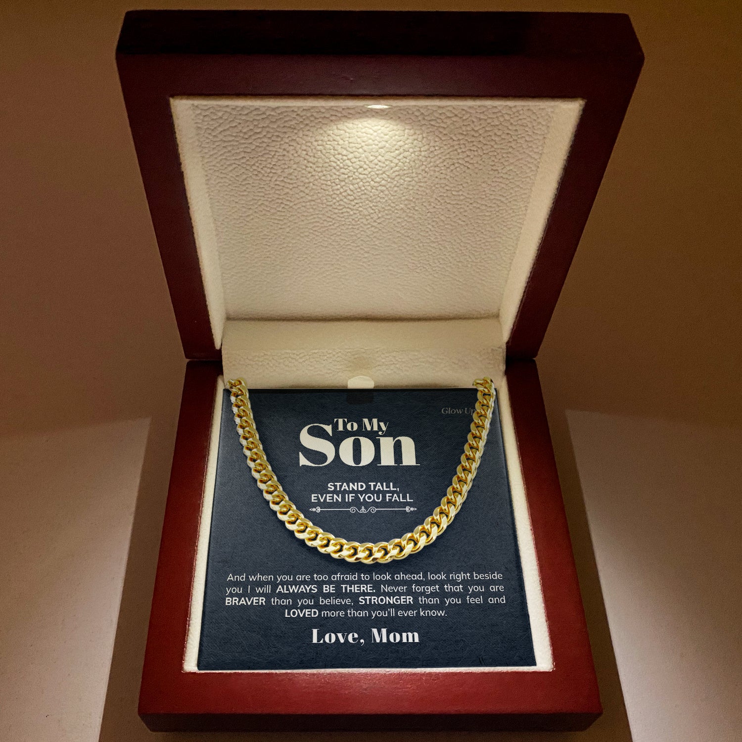 ShineOn Fulfillment Jewelry 14K Yellow Gold Finish / Luxury LED Box To My Son - Stronger than you feel - Cuban Link Chain Necklace