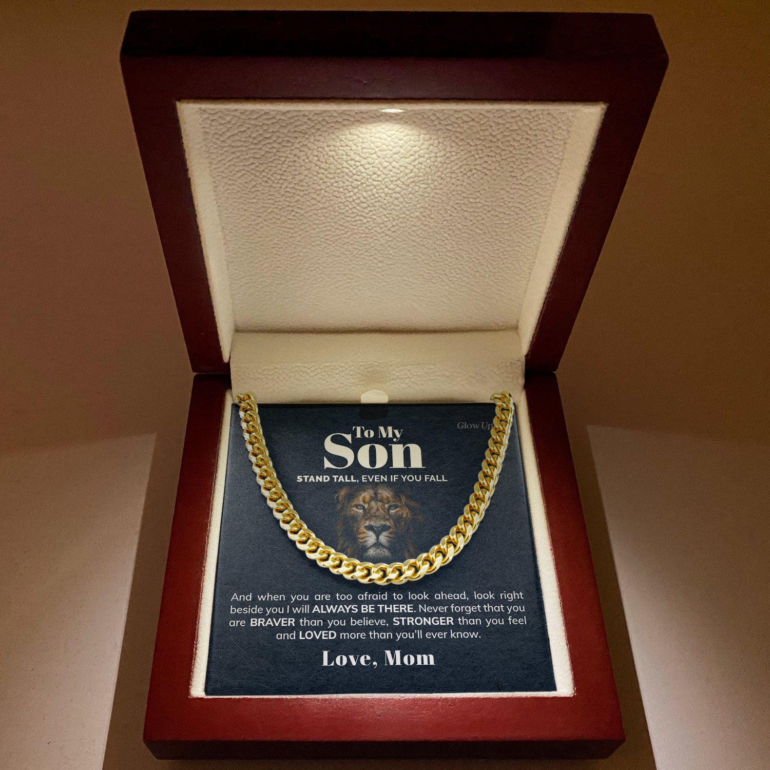 ShineOn Fulfillment Jewelry 14K Yellow Gold Finish / Luxury LED Box To My Son - Stronger than you feel  - Cuban Link Chan