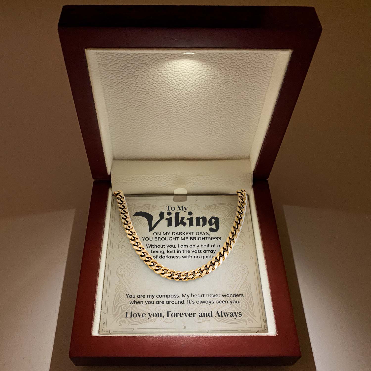 ShineOn Fulfillment Jewelry 14K Yellow Gold Finish / Luxury LED Box To my Viking - You brought me brightness - Cuban Link Chain
