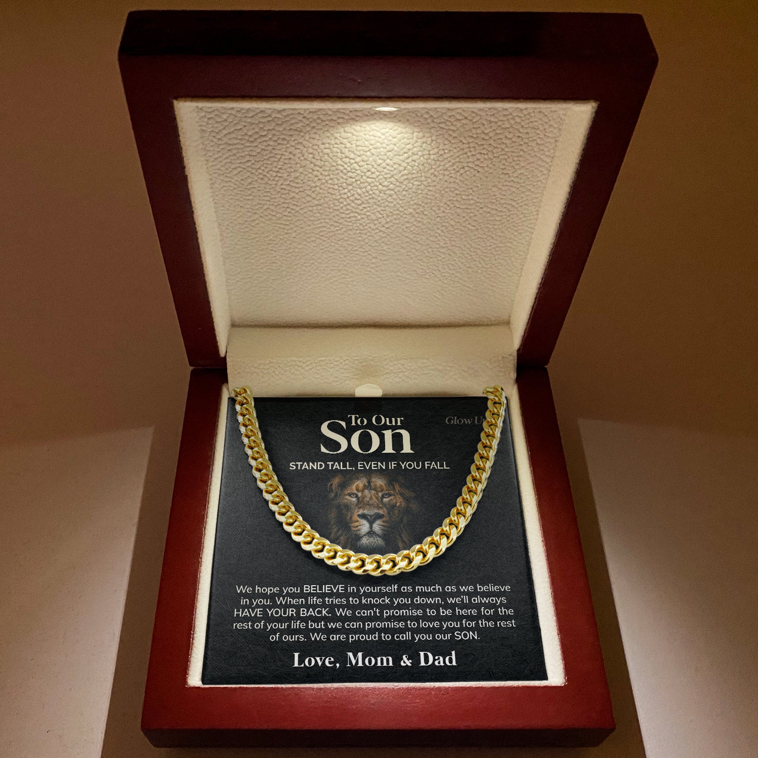 ShineOn Fulfillment Jewelry 14K Yellow Gold Finish / Luxury LED Box To Our Son - We believe in you - Cuban Link Chain