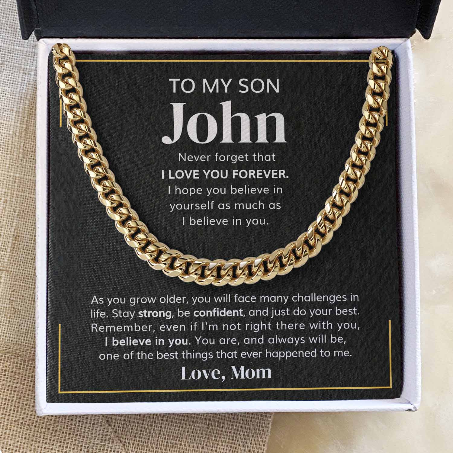 ShineOn Fulfillment Jewelry 14K Yellow Gold Finish / Standard Box To my Son Custom Message Card - I Love You - Cuban Link Chain