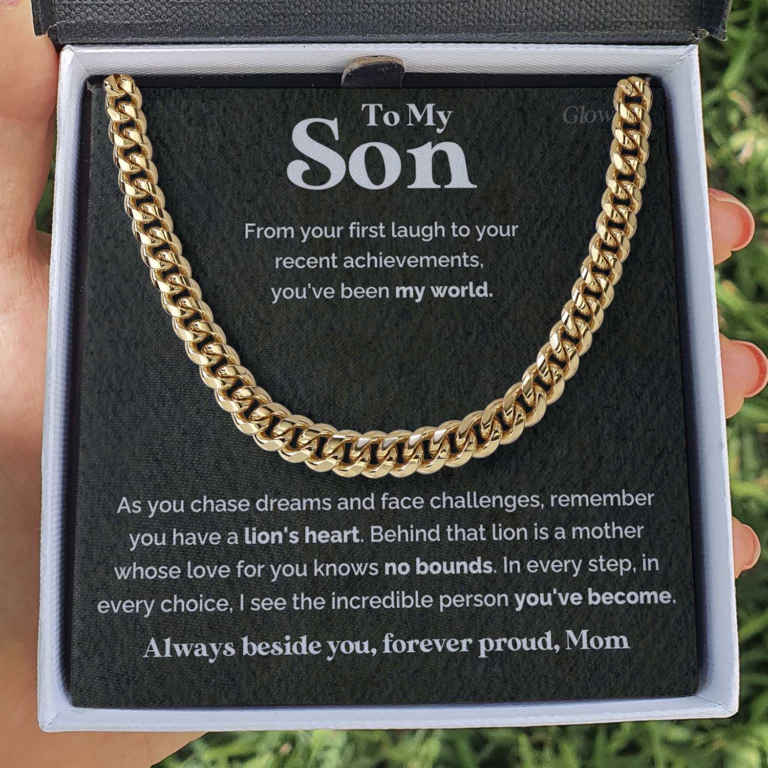 ShineOn Fulfillment Jewelry 14K Yellow Gold Finish / Standard Box To my Son from Mom - Lion's heart - 5mm Cuban Link Chain