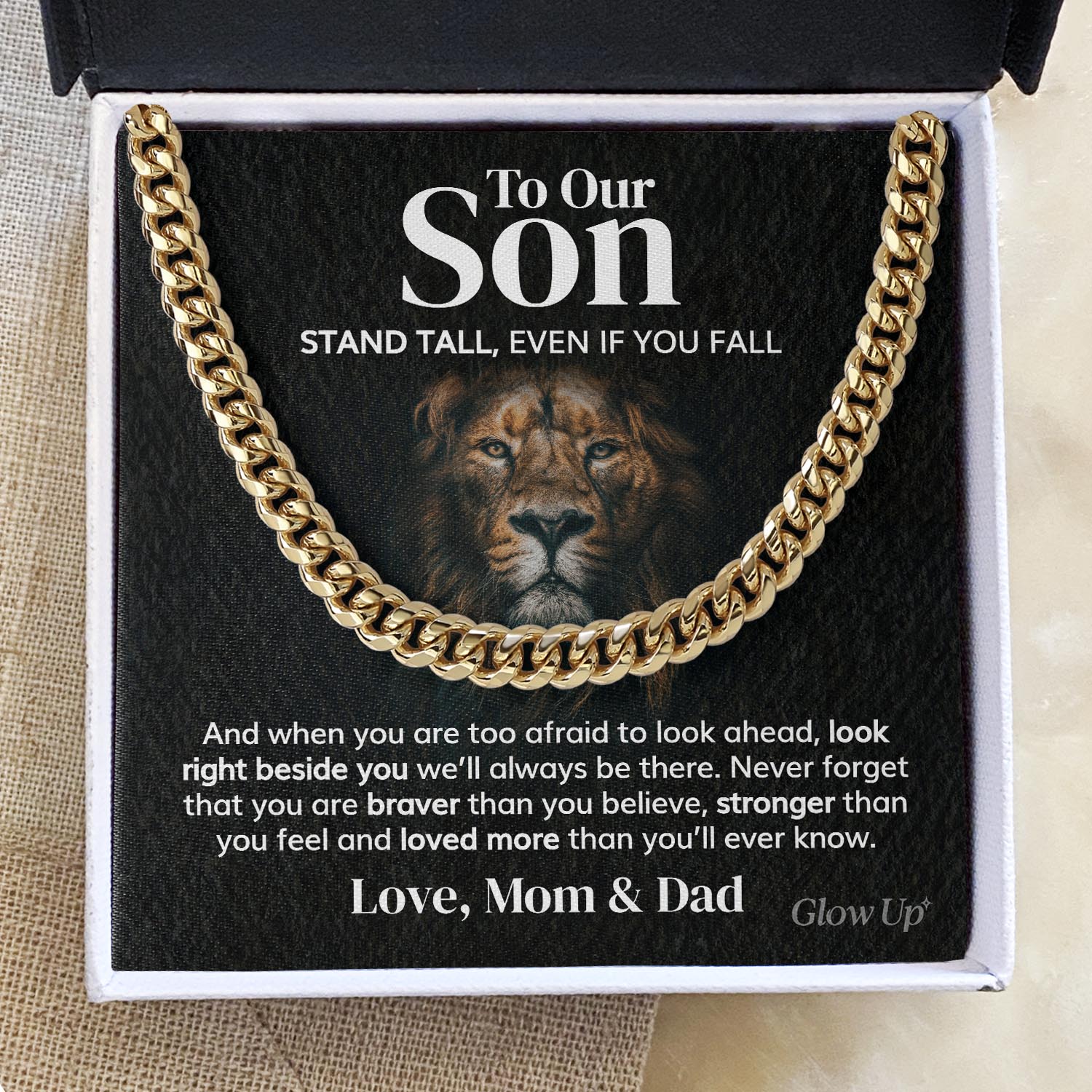 ShineOn Fulfillment Jewelry 14K Yellow Gold Finish / Two-Toned Box To Our Son from Mom and Dad - Stand tall - Cuban Link
