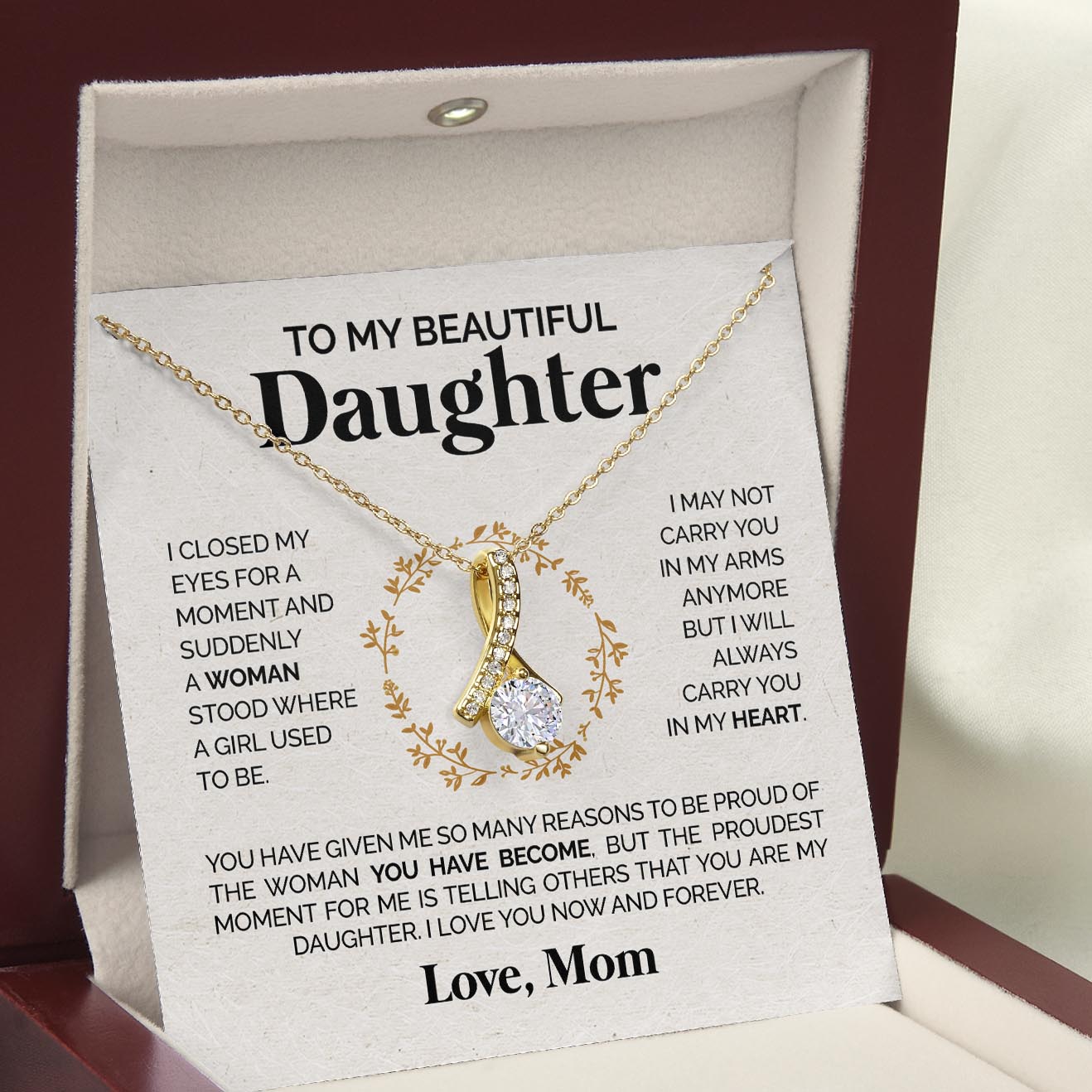 ShineOn Fulfillment Jewelry 18K Yellow Gold Finish / Luxury Box To my Beautiful Daughter - I love you - Ribbon Necklace