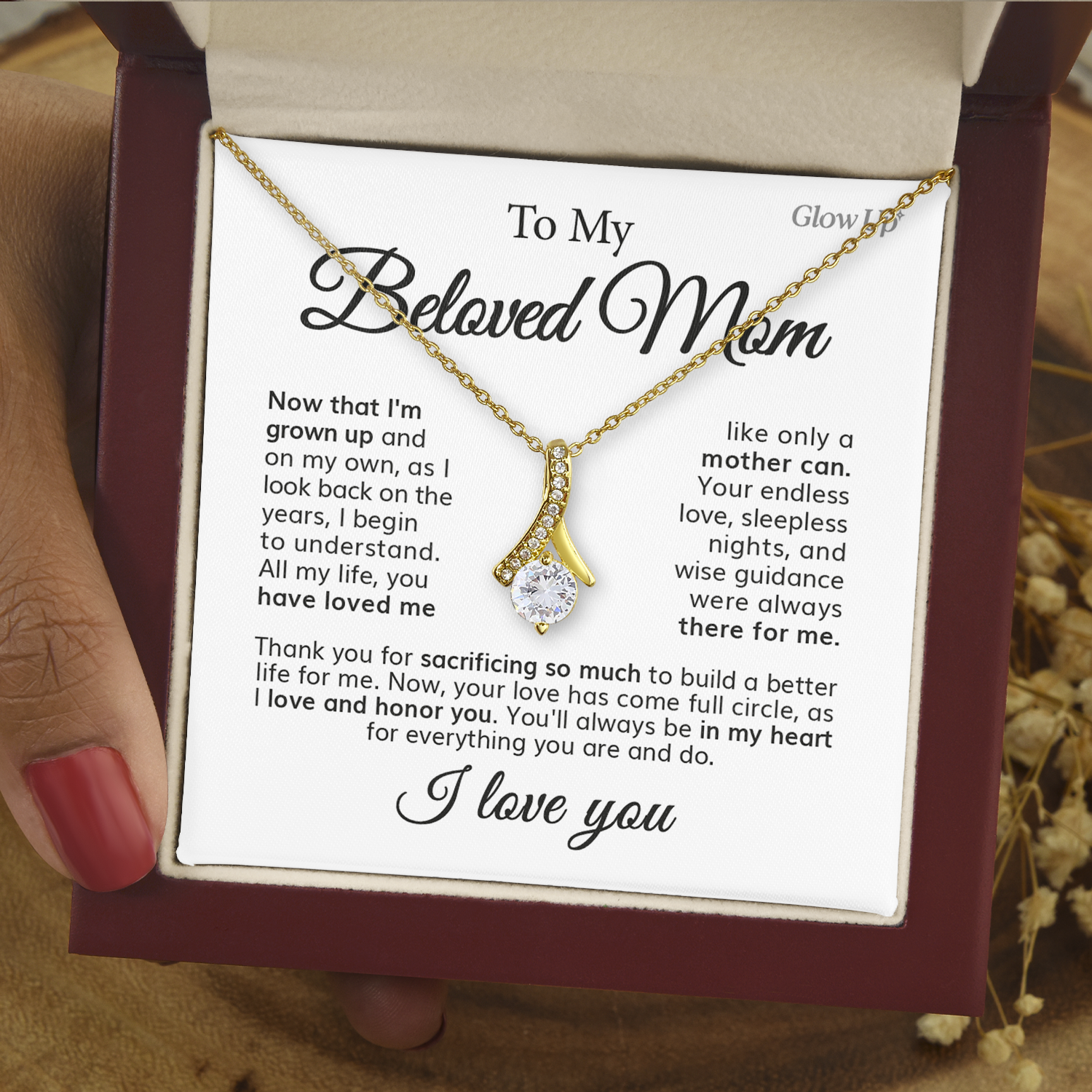 ShineOn Fulfillment Jewelry 18K Yellow Gold Finish / Luxury Box To My Beloved Mom - Endless Love - Ribbon Necklace