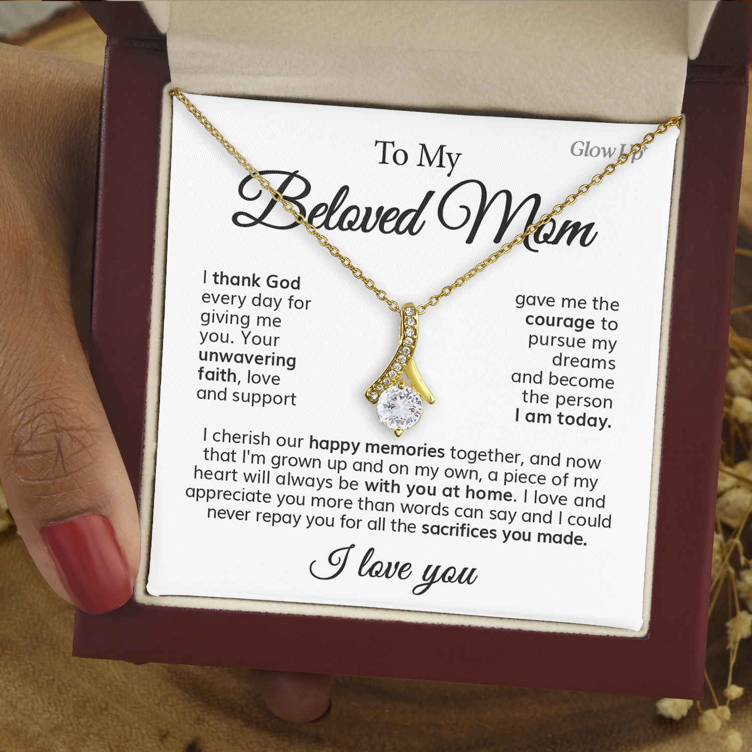 ShineOn Fulfillment Jewelry 18K Yellow Gold Finish / Luxury Box To My Beloved Mom - Love and Appreciate You - Ribbon Necklace