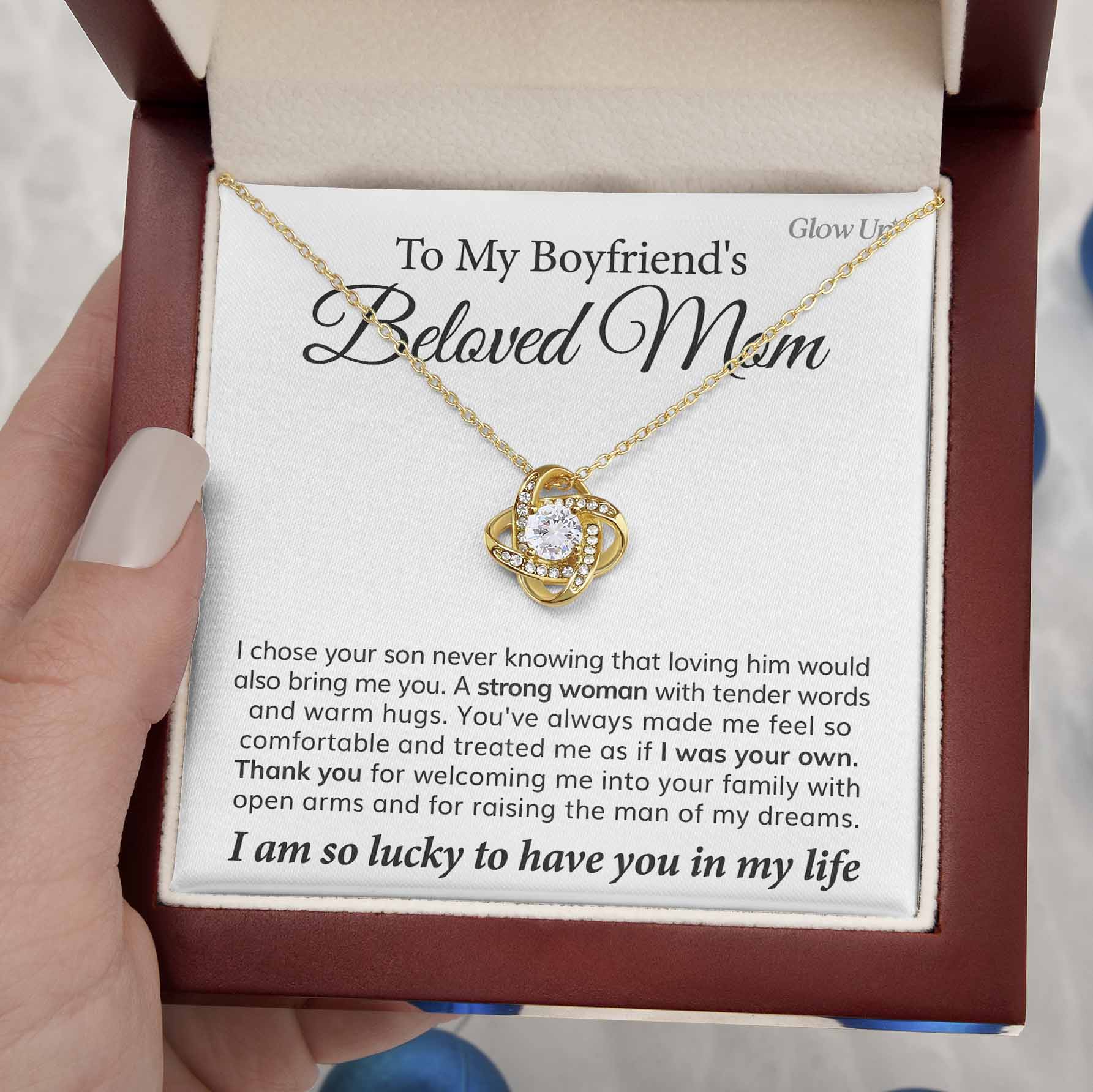 ShineOn Fulfillment Jewelry 18K Yellow Gold Finish / Luxury Box To My Boyfriend's Mom -  Thank You - Love Knot Necklace