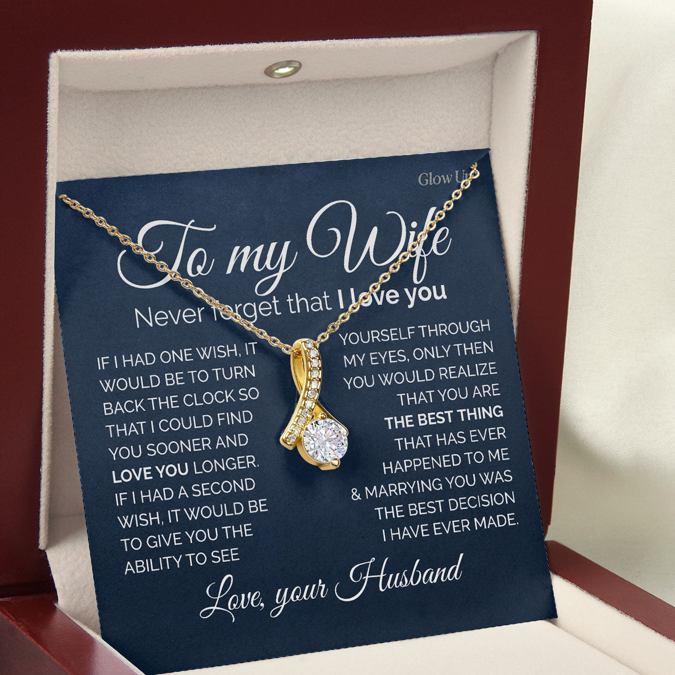 ShineOn Fulfillment Jewelry 18K Yellow Gold Finish / Luxury Box To my Wife - If I had one wish - Ribbon necklace
