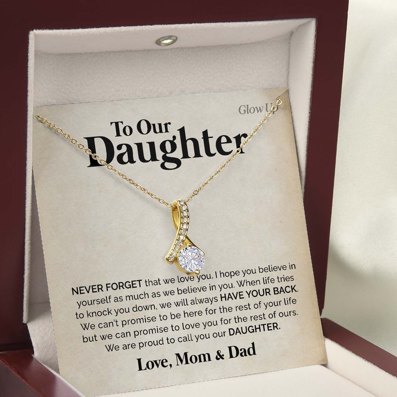 ShineOn Fulfillment Jewelry 18K Yellow Gold Finish / Luxury Box To Our Daughter - Never Forget - Ribbon Necklace