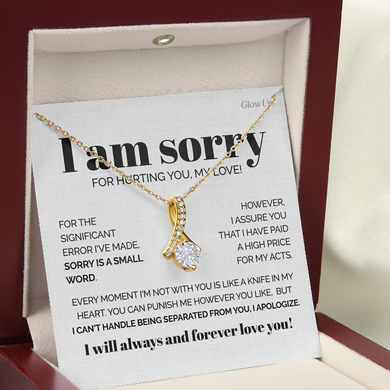 ShineOn Fulfillment Jewelry 18K Yellow Gold Finish / Luxury LED Box Sorry is a small word - Ribbon necklace