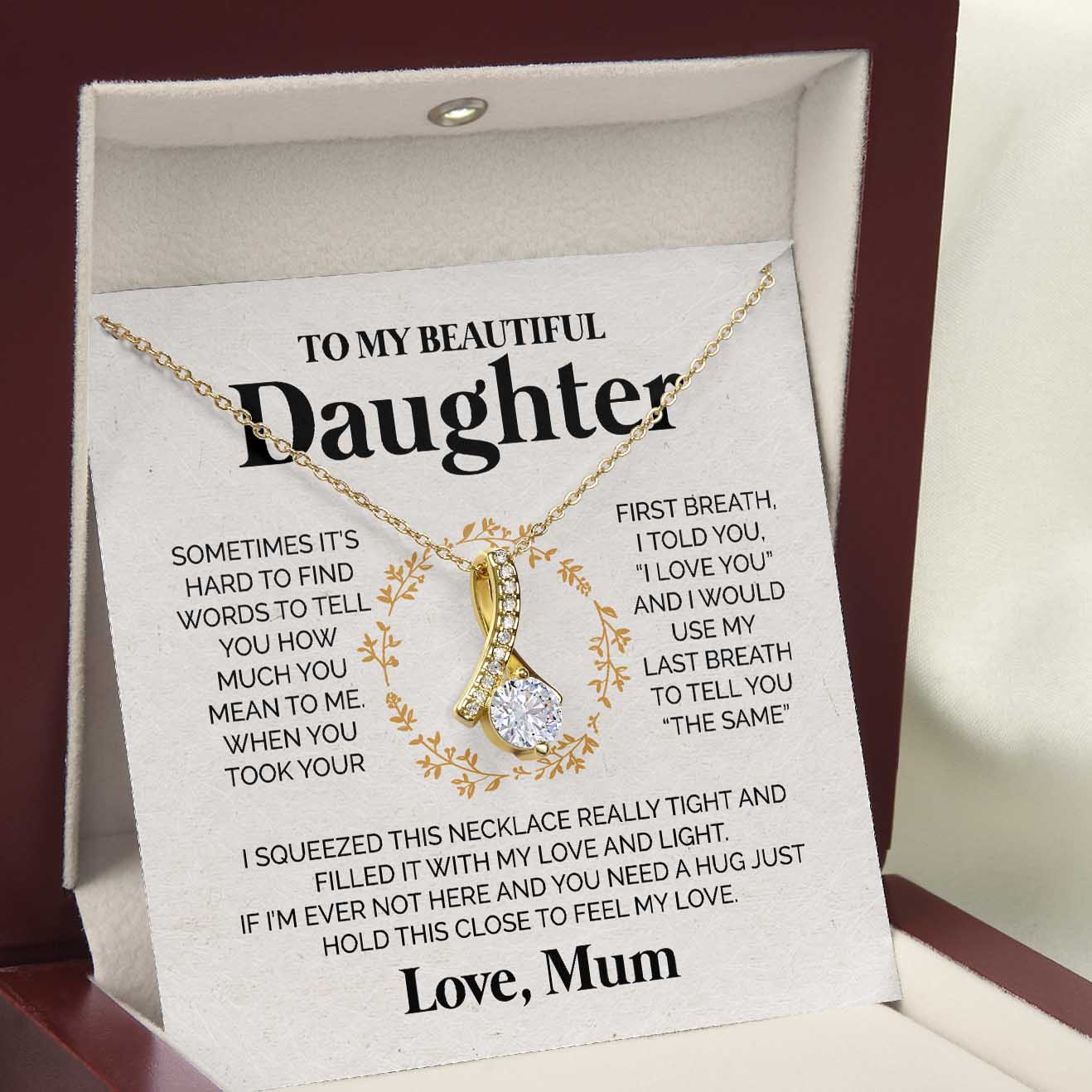 ShineOn Fulfillment Jewelry 18K Yellow Gold Finish / Luxury LED Box To my Beautiful Daughter from Mum - I love you  - Ribbon Necklace