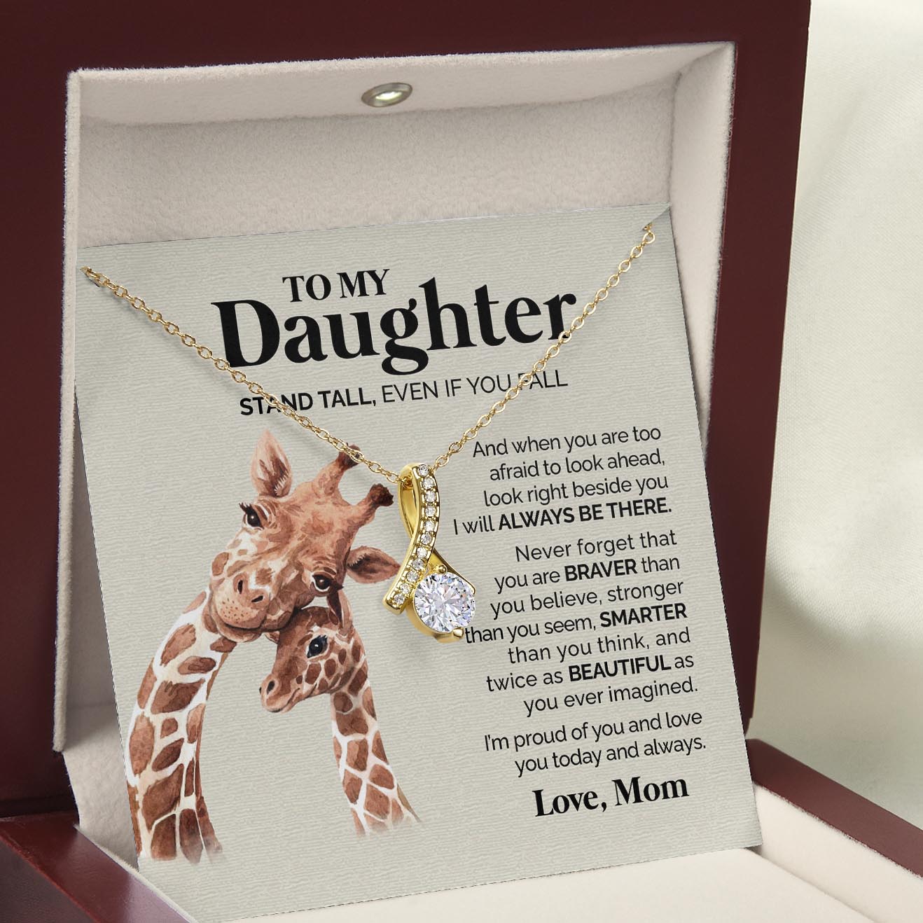 ShineOn Fulfillment Jewelry 18K Yellow Gold Finish / Luxury LED Box To my Daughter from Mom - Stand tall - Ribbon Necklace