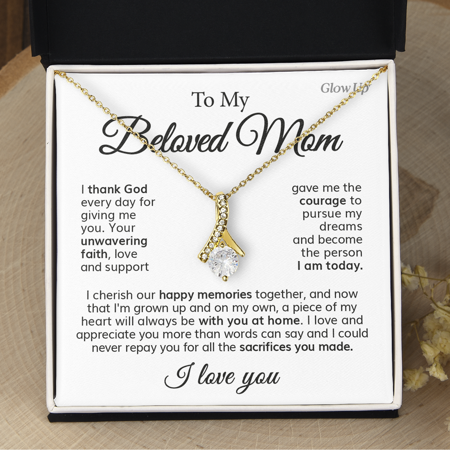 ShineOn Fulfillment Jewelry 18K Yellow Gold Finish / Standard Box To My Beloved Mom - Love and Appreciate You - Ribbon Necklace