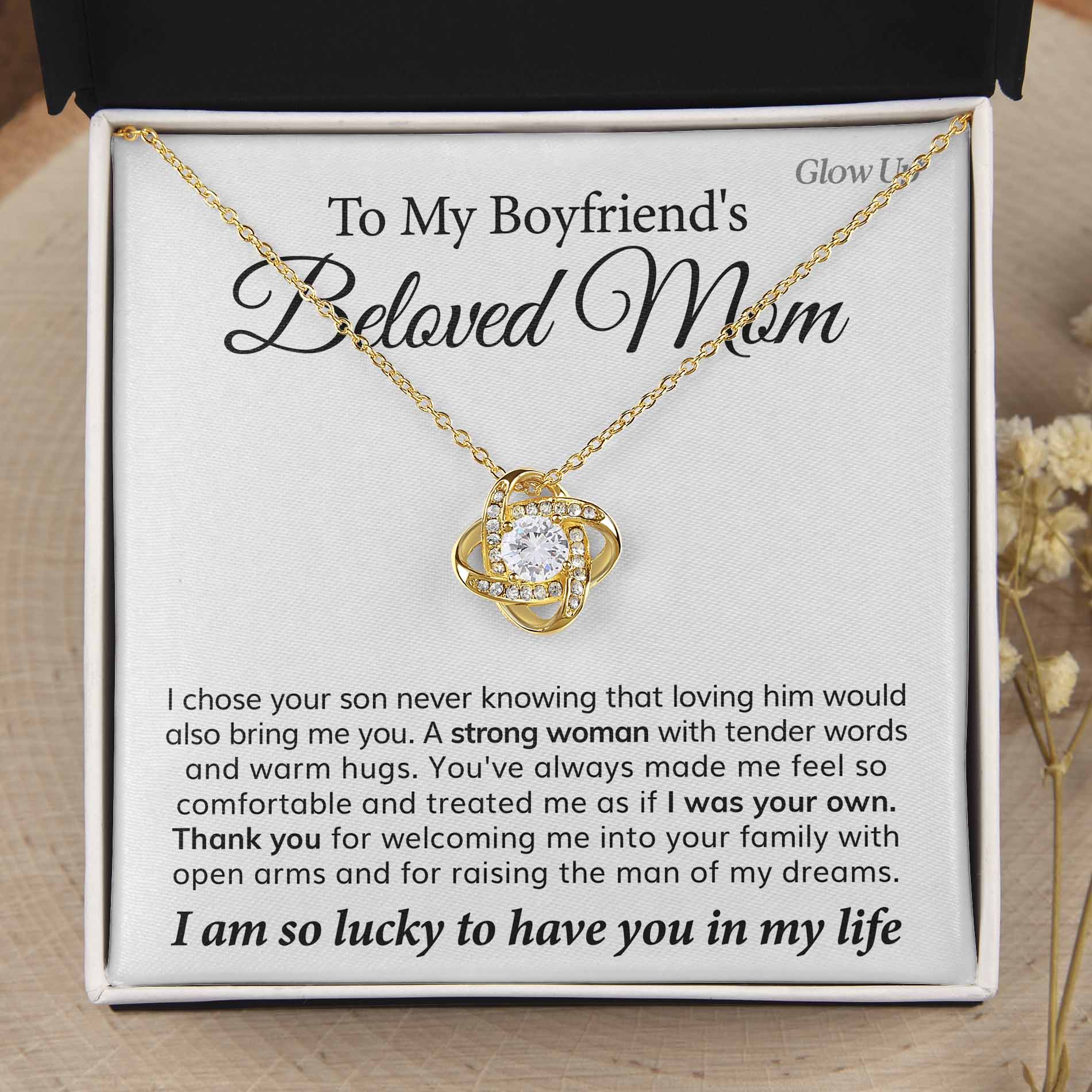 ShineOn Fulfillment Jewelry 18K Yellow Gold Finish / Standard Box To My Boyfriend's Mom -  Thank You - Love Knot Necklace