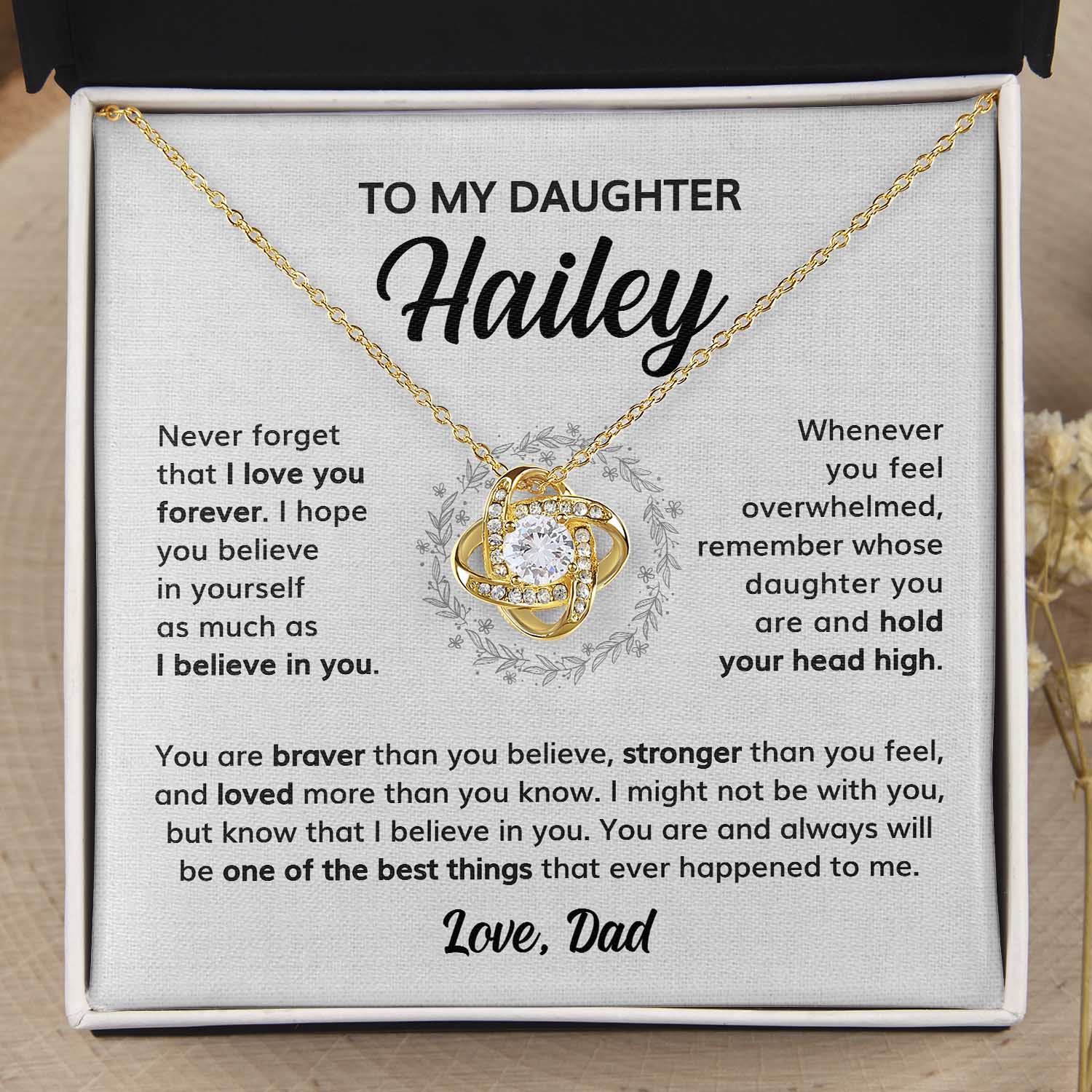 ShineOn Fulfillment Jewelry 18K Yellow Gold Finish / Standard Box To my Daughter Custom Message Card - Hold your Head High - Love Knot