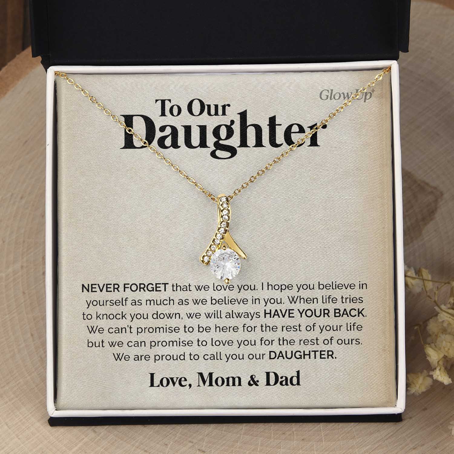 ShineOn Fulfillment Jewelry 18K Yellow Gold Finish / Standard Box To Our Daughter - Never Forget - Ribbon Necklace