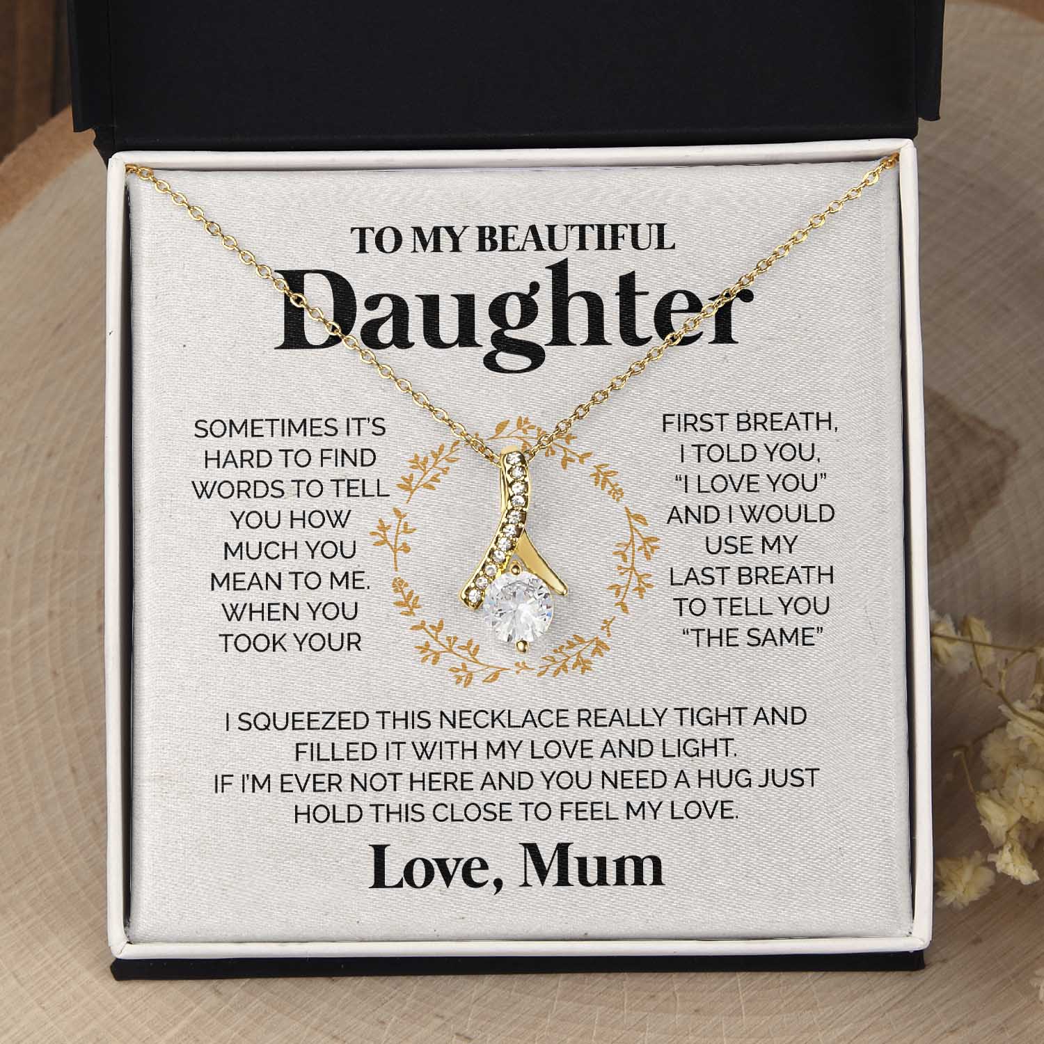 ShineOn Fulfillment Jewelry 18K Yellow Gold Finish / Two-Toned Box To my Beautiful Daughter from Mum - I love you  - Ribbon Necklace