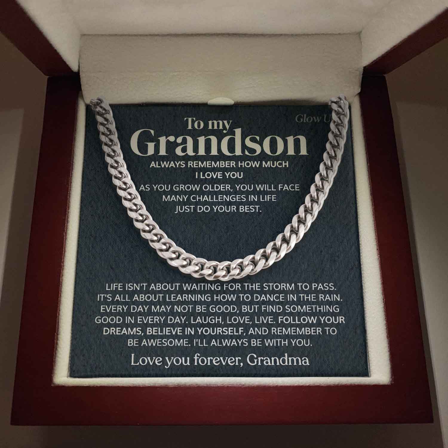 ShineOn Fulfillment Jewelry 316L Stainless Steel / Luxury LED Box To my Grandson - Always remember - Cuban Link Chain