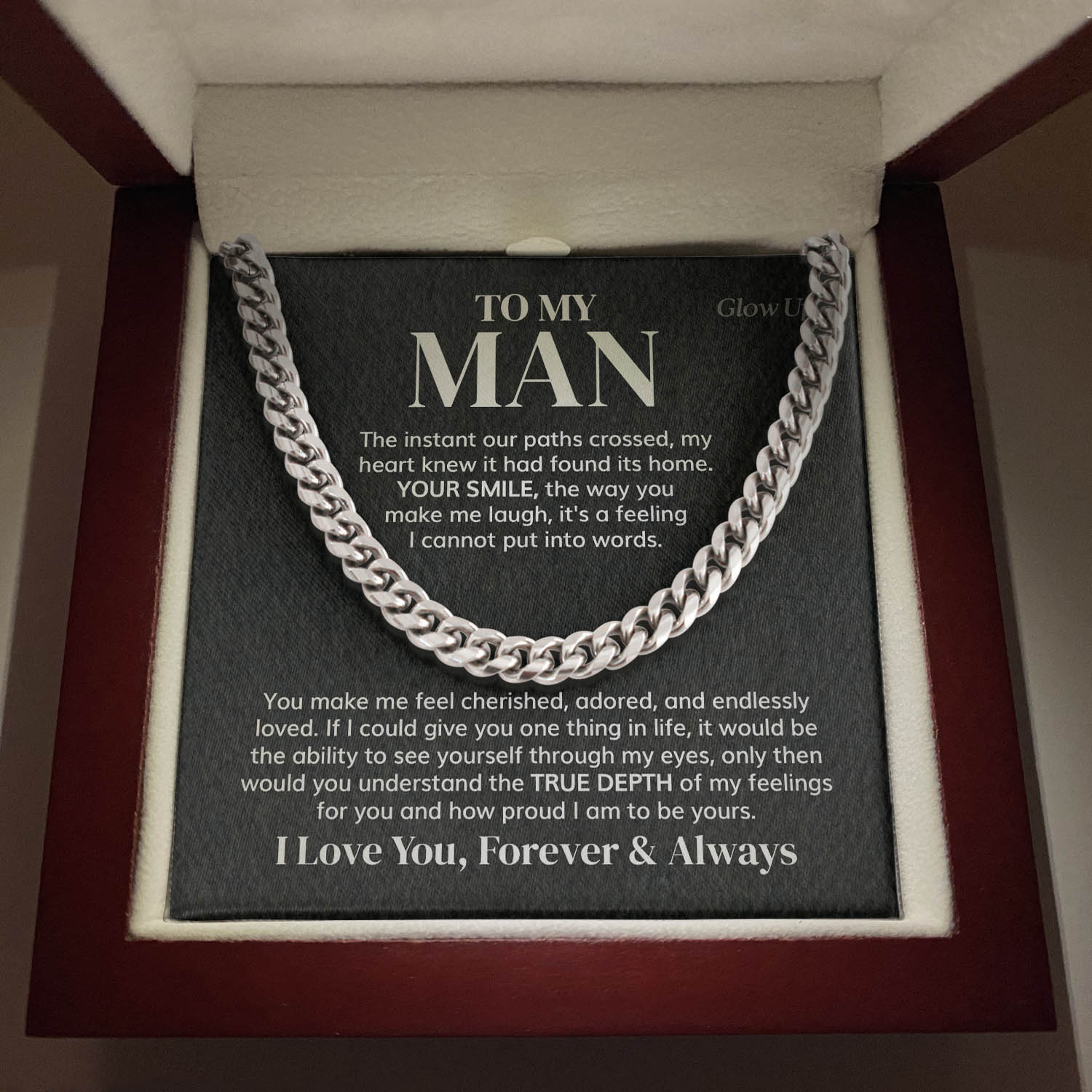 ShineOn Fulfillment Jewelry 316L Stainless Steel / Luxury LED Box To my Man - I love you - Cuban link chain