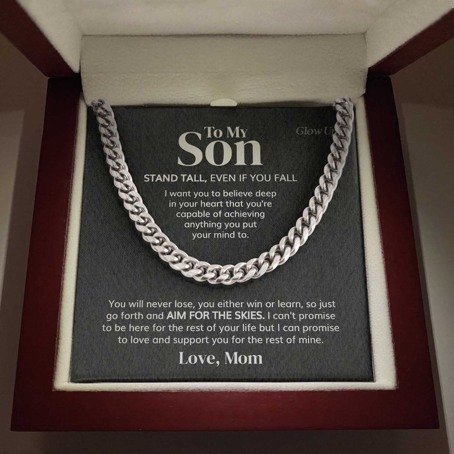 ShineOn Fulfillment Jewelry 316L Stainless Steel / Luxury LED Box To my Son - Aim for the skies - Cuban Link Chain Necklace