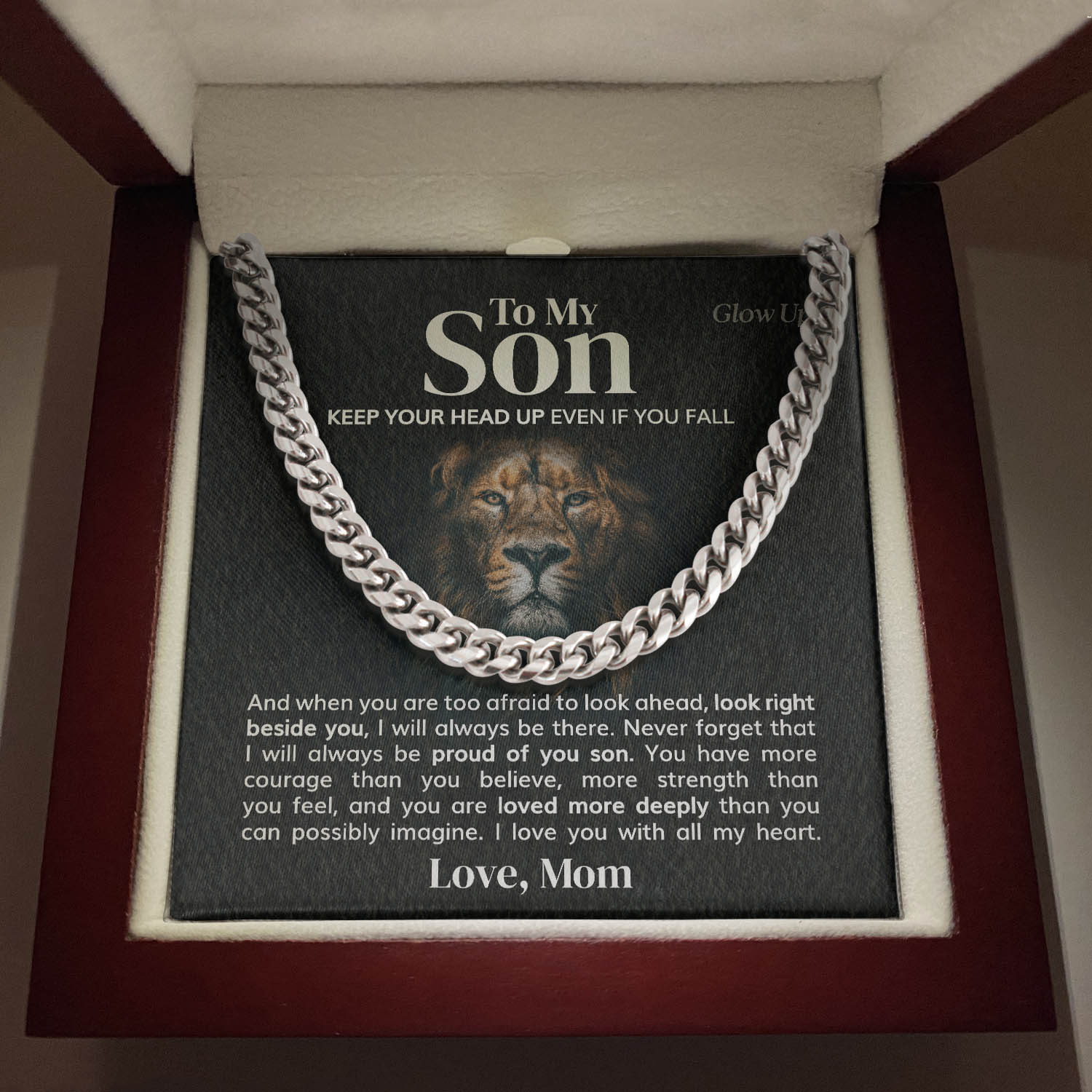 ShineOn Fulfillment Jewelry 316L Stainless Steel / Luxury LED Box To my Son - Keep your head up - Cuban Link Chain