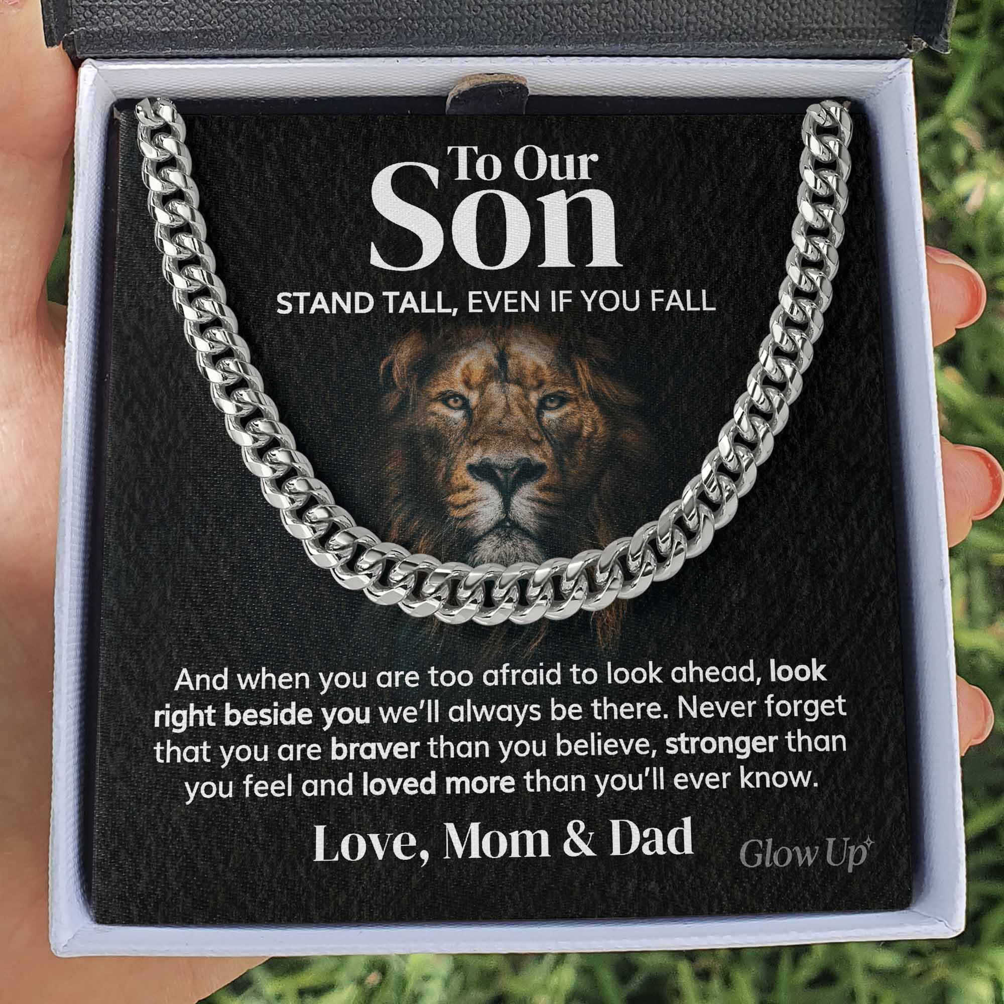 ShineOn Fulfillment Jewelry 316L Stainless Steel / Two-Toned Box To Our Son from Mom and Dad - Stand tall - Cuban Link