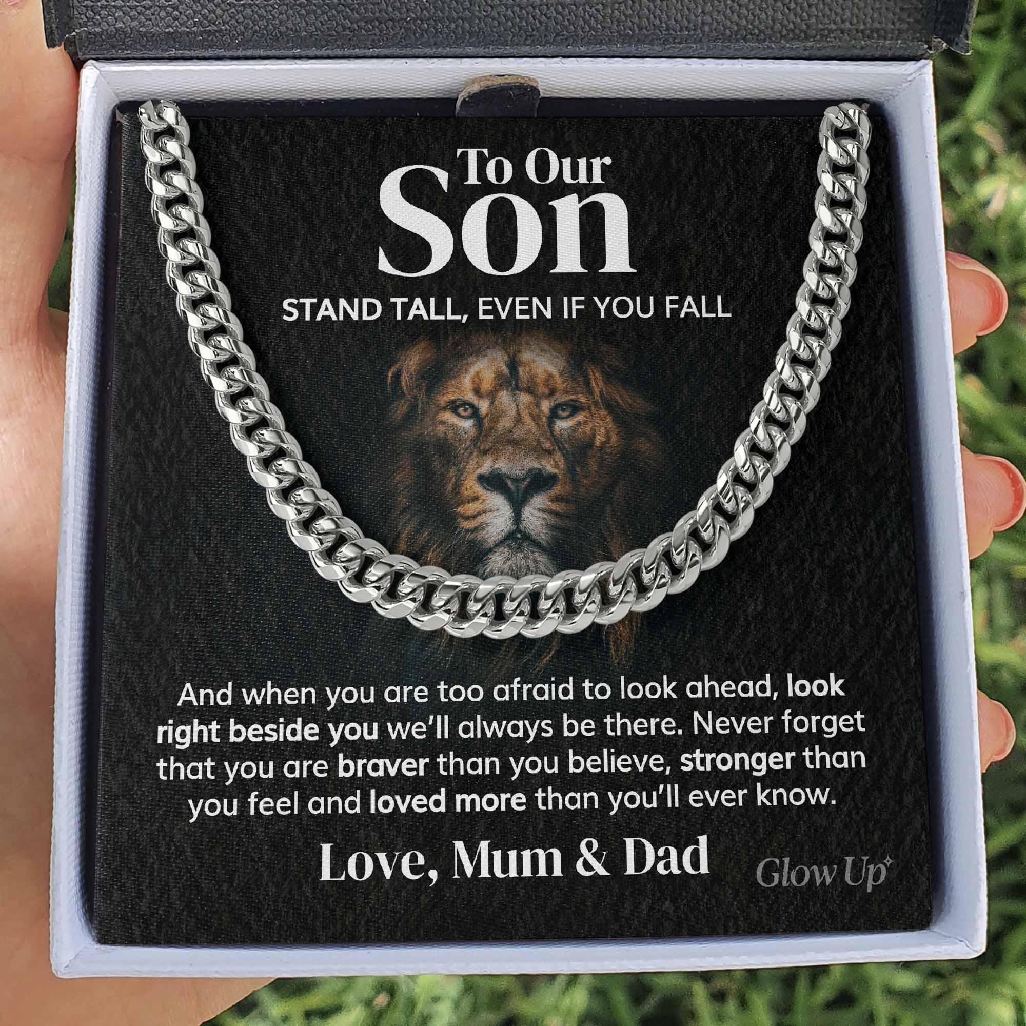 ShineOn Fulfillment Jewelry 316L Stainless Steel / Two-Toned Box To Our Son from Mum and Dad - Stand tall - Cuban Link