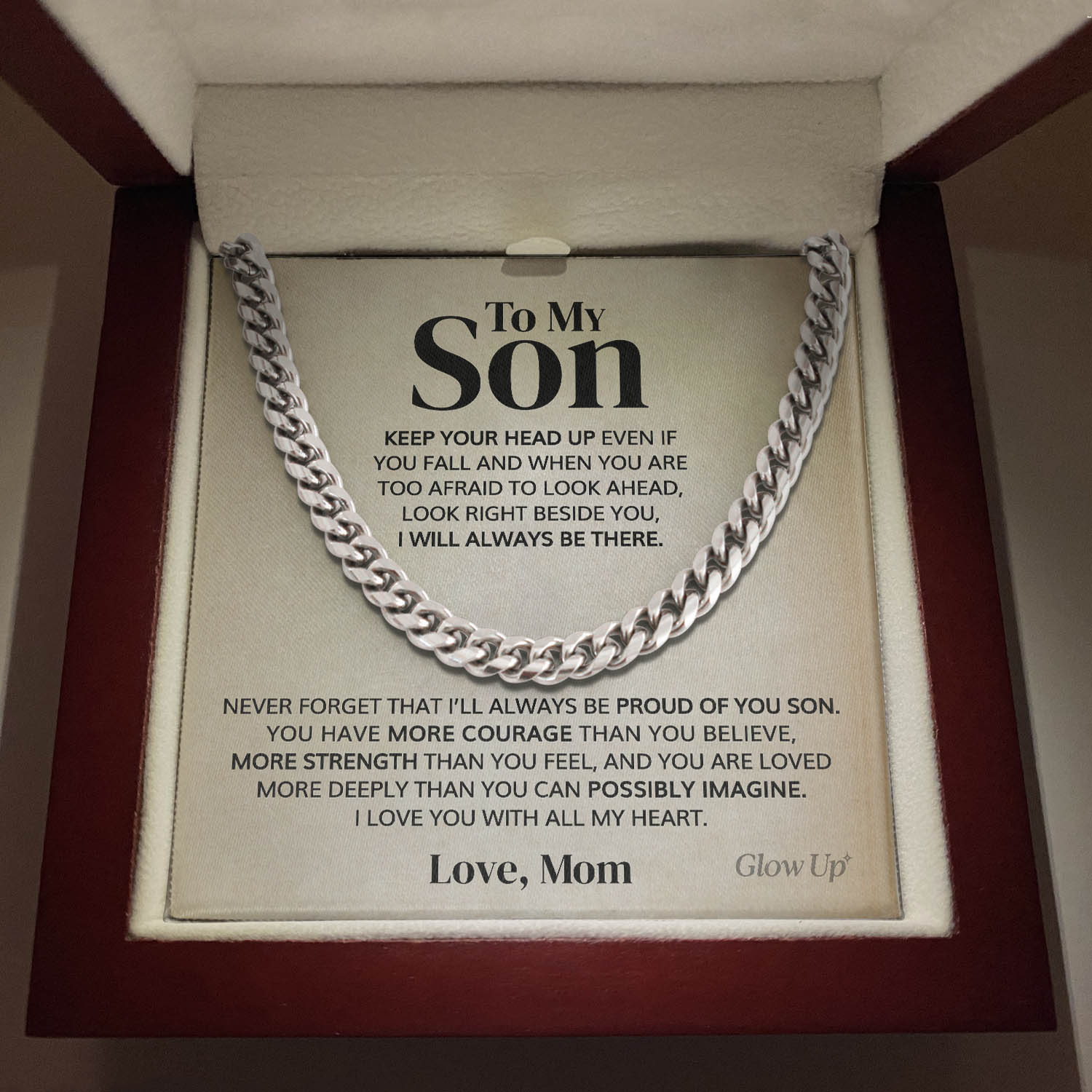 ShineOn Fulfillment Jewelry 316LStainless Steel / Luxury LED Box To my Son - Keep your head up - Cuban Link Chain Necklace