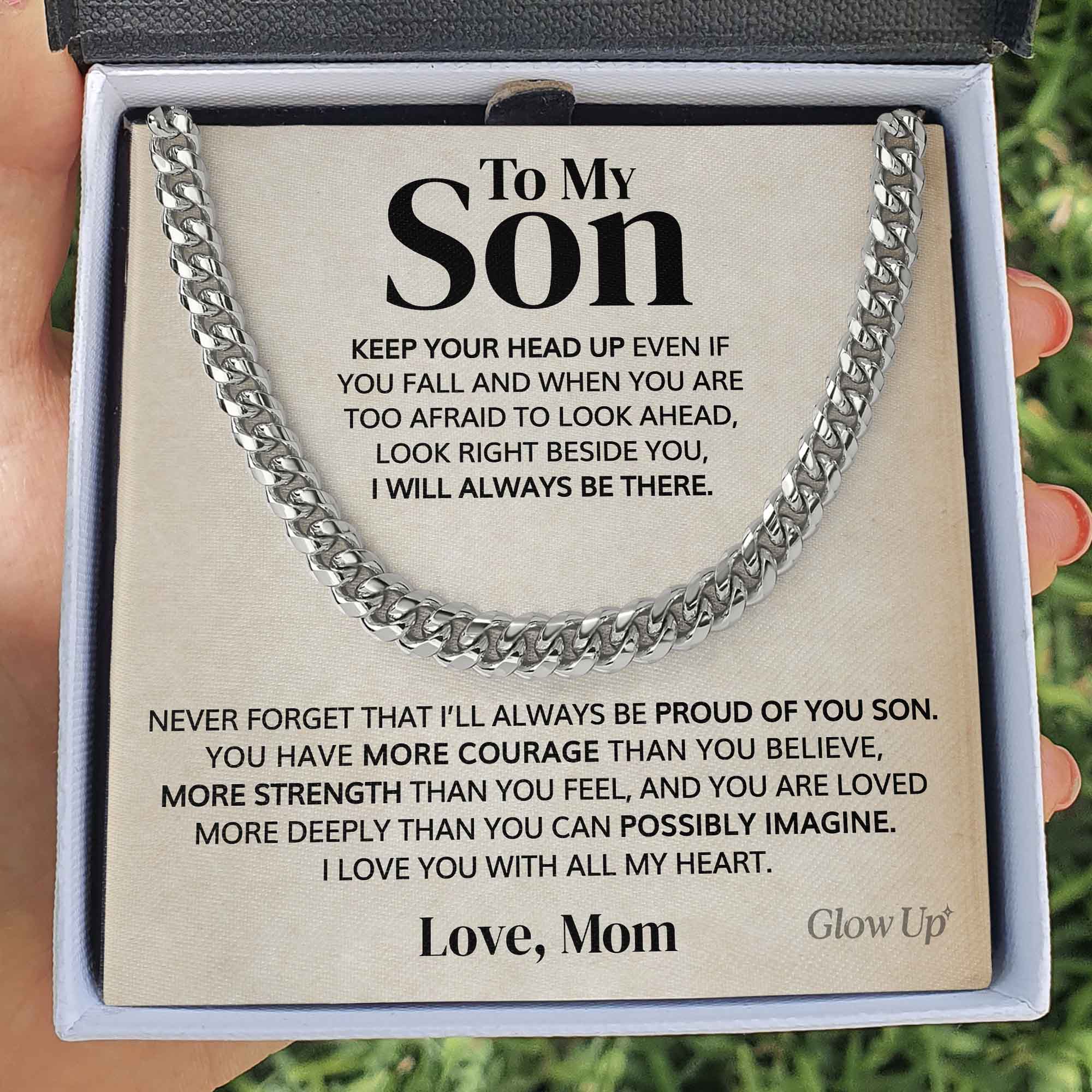ShineOn Fulfillment Jewelry 316LStainless Steel / Two-Toned Box To my Son - Keep your head up - Cuban Link Chain Necklace
