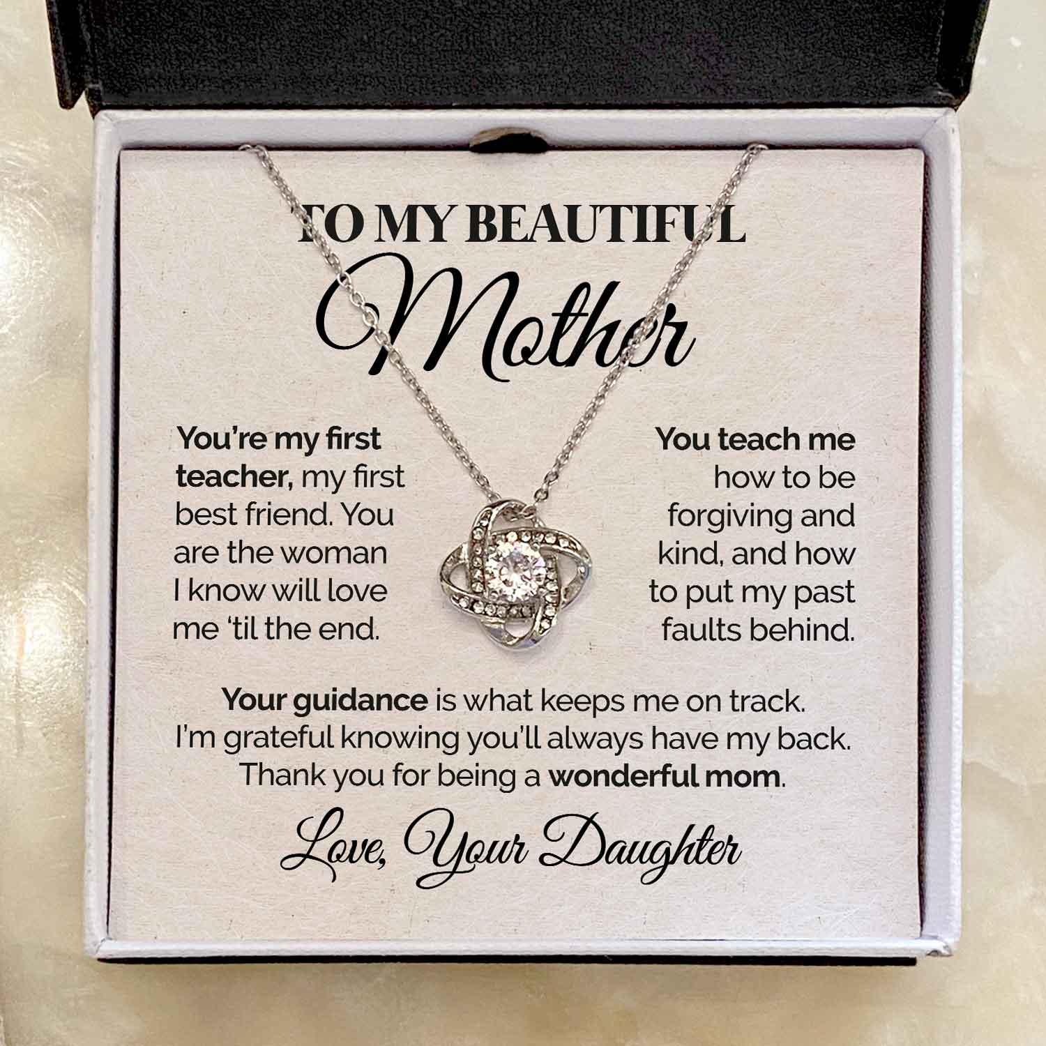 ShineOn Fulfillment Jewelry Mahogany Style Luxury Box (w/LED) To My Beautiful Mother - You're My First Teacher - Love Knot Necklace