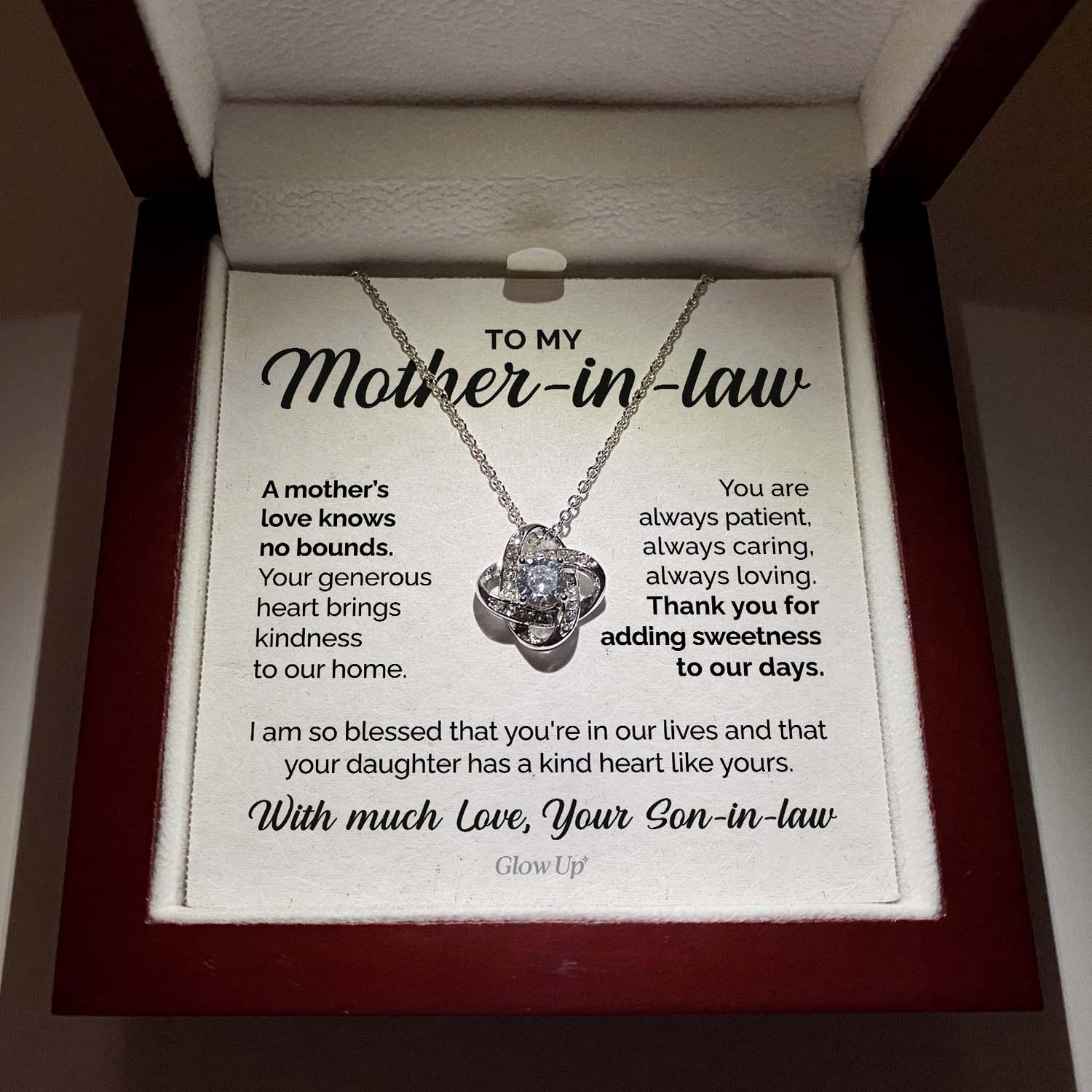 ShineOn Fulfillment Jewelry Mahogany Style Luxury Box (w/LED) To my Mother-in-law - A mother's love knows no bounds - Love Knot Necklace