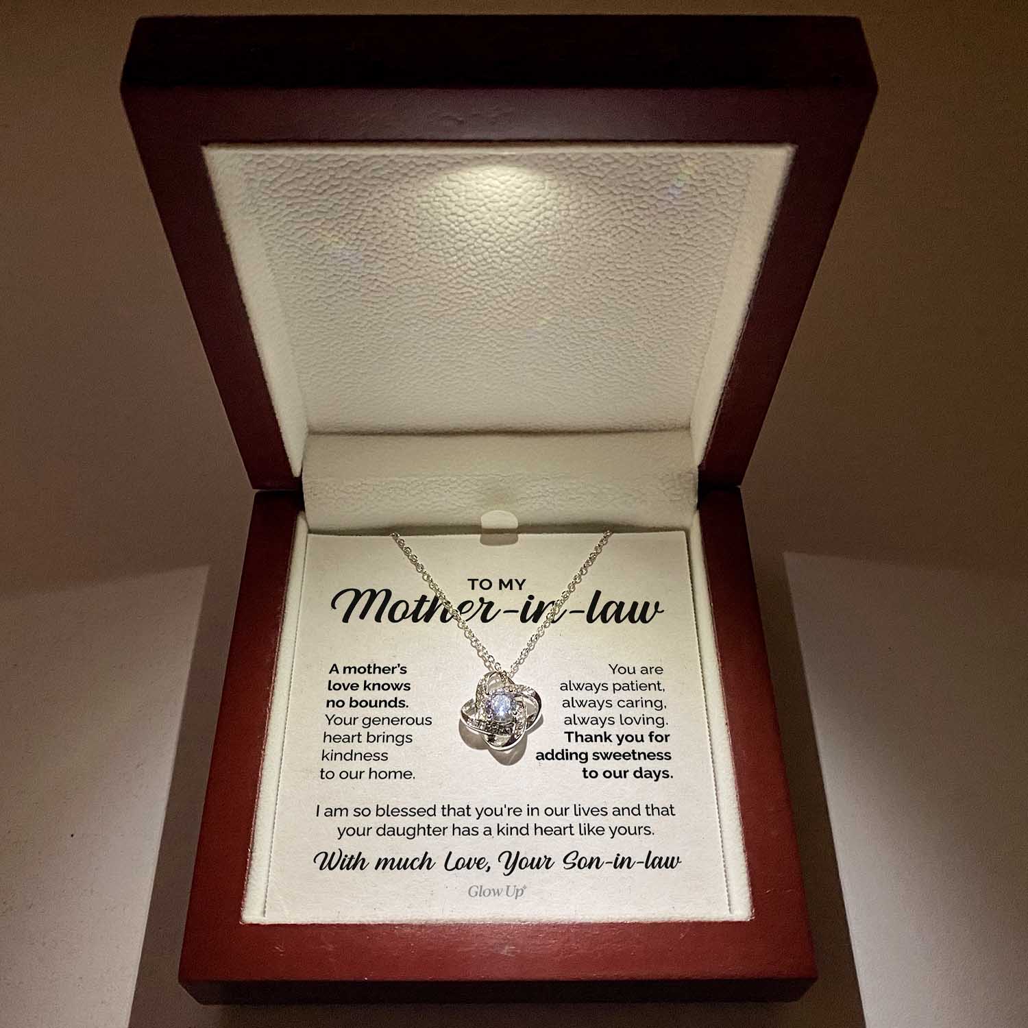 ShineOn Fulfillment Jewelry Mahogany Style Luxury Box (w/LED) To my Mother-in-law - A mother's love knows no bounds - Love Knot Necklace